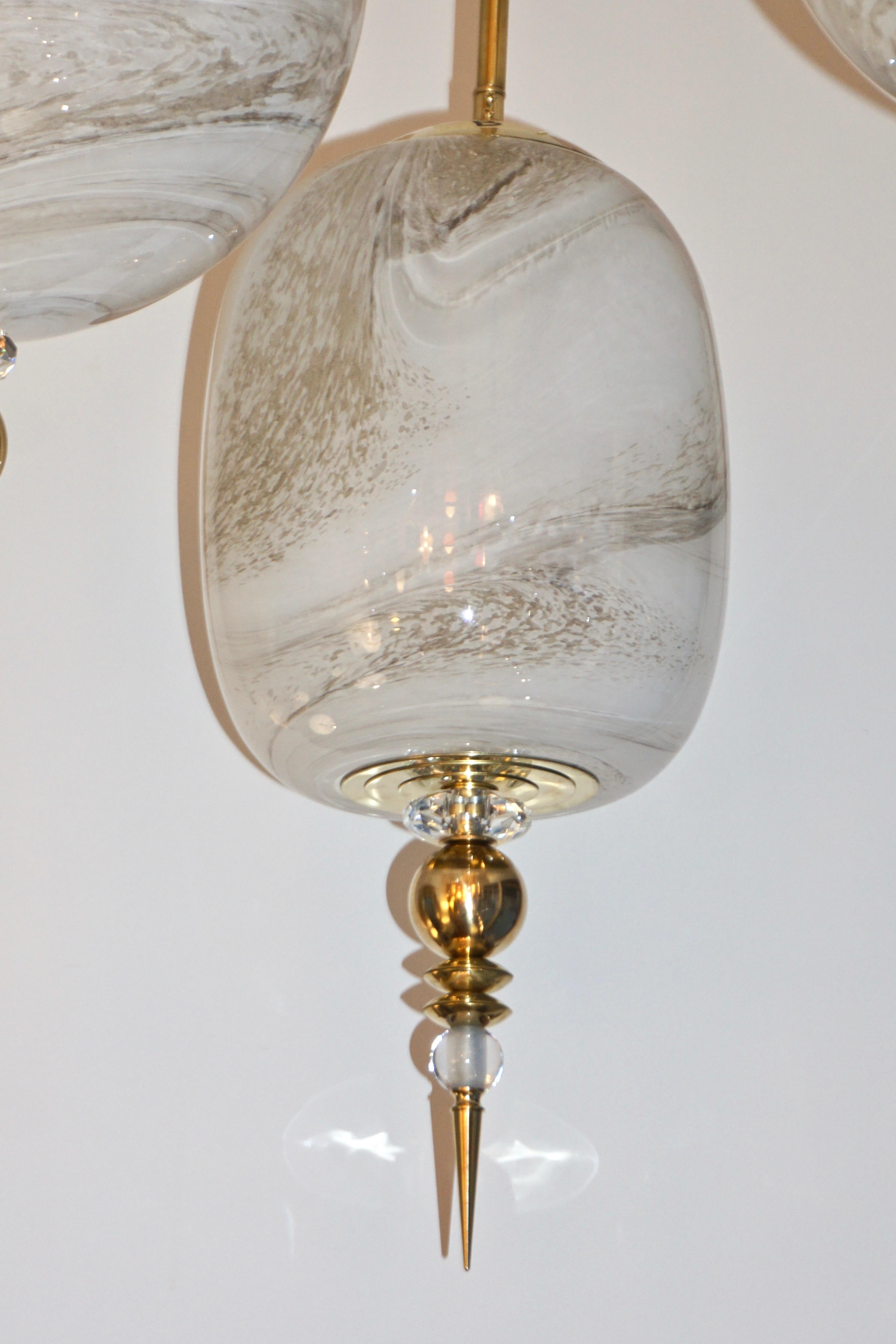 Organic Modern Bespoke Italian Brass & Cream White Alabaster Glass Cylinder Pendant / Lantern For Sale