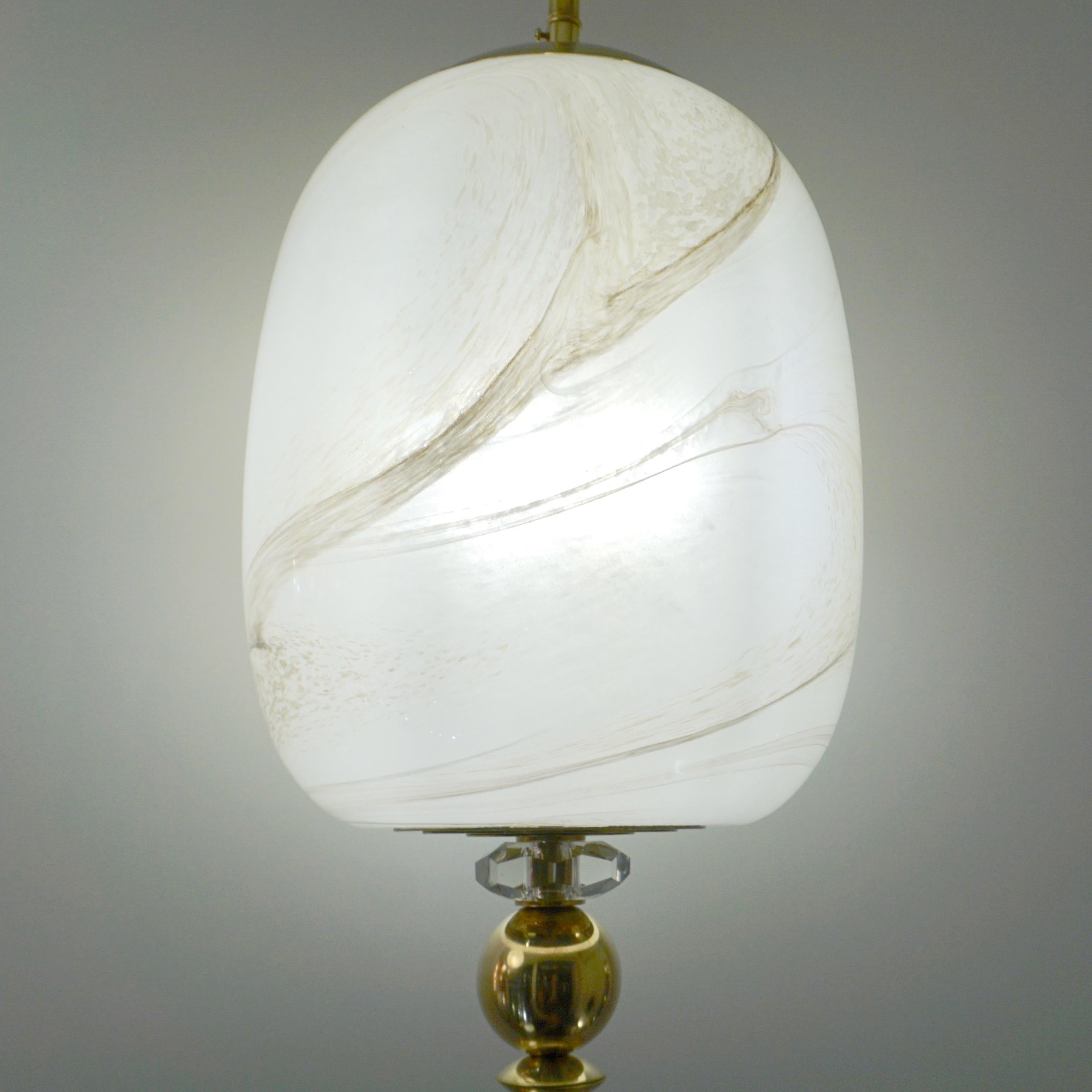 Contemporary Bespoke Italian Brass & Cream White Alabaster Glass Cylinder Pendant / Lantern For Sale