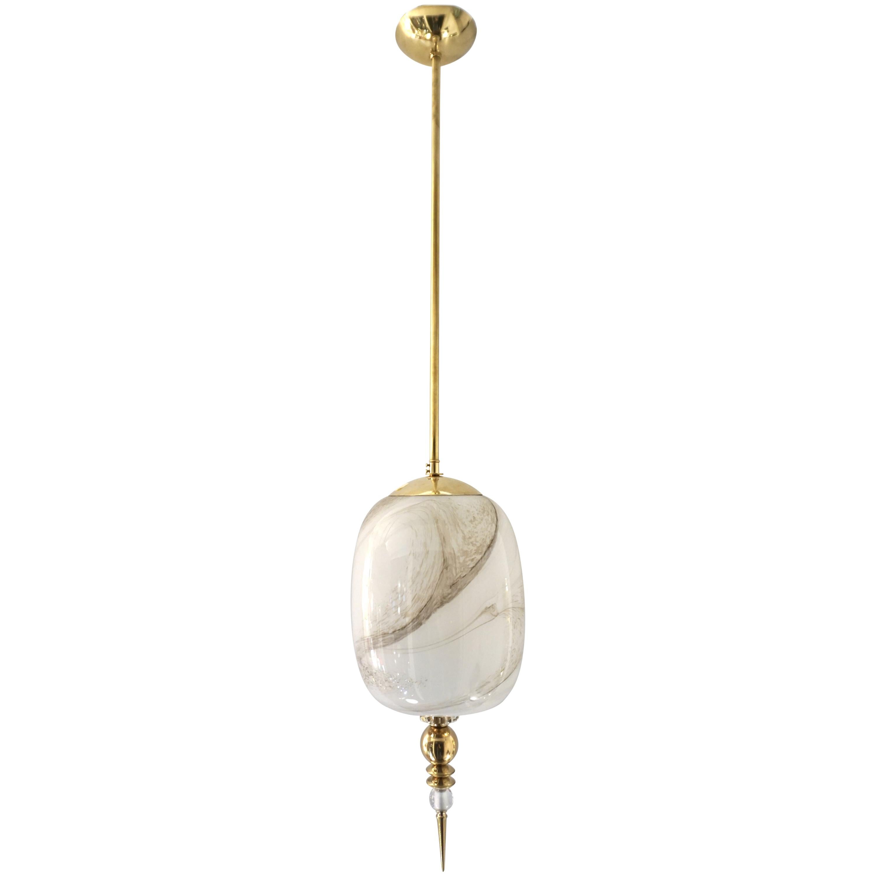 Bespoke Italian Brass & Cream White Alabaster Glass Cylinder Pendant / Lantern For Sale