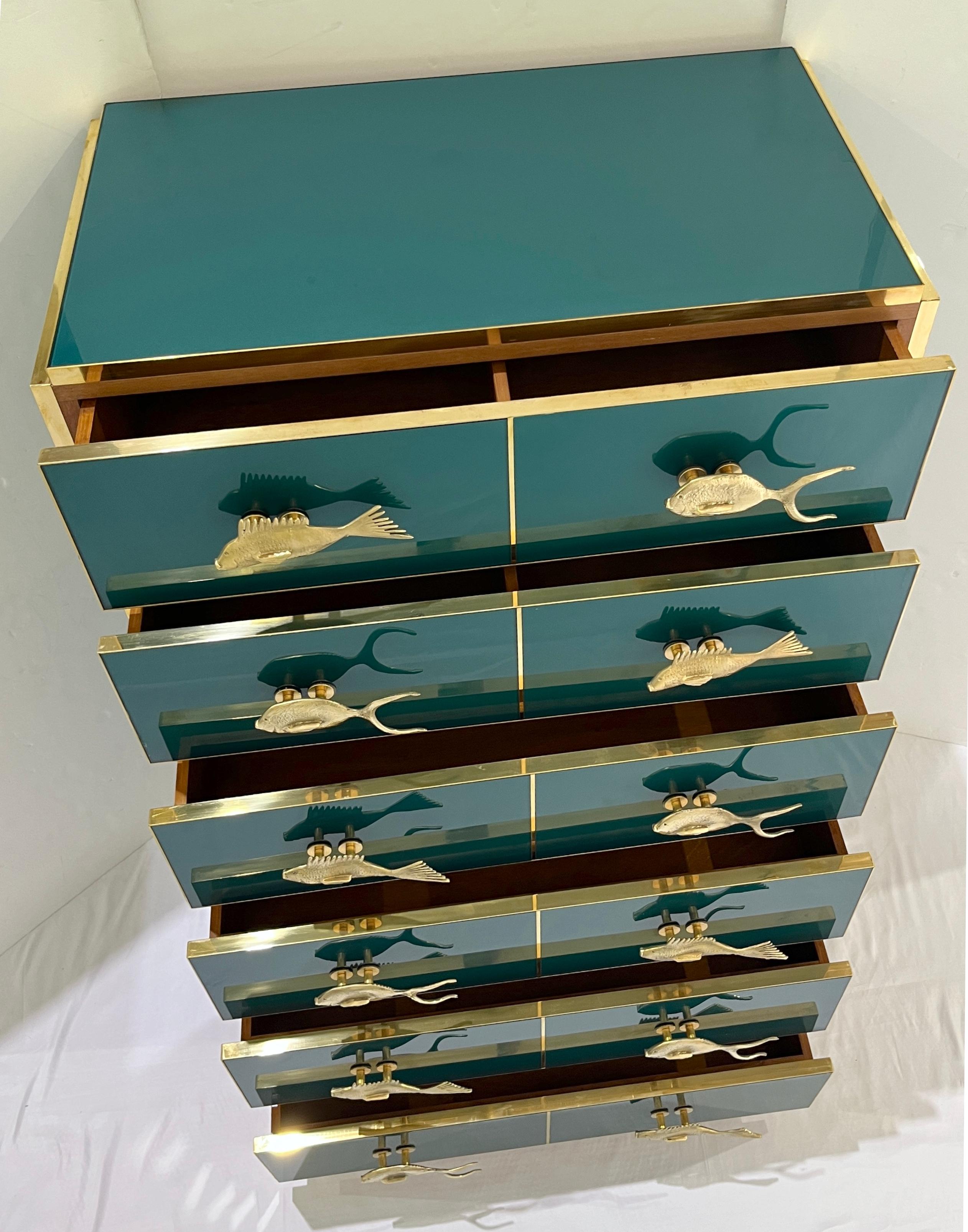Bespoke Italian Brass Emerald Blue Green Art Glass 6-Drawer Highboy Dresser For Sale 5
