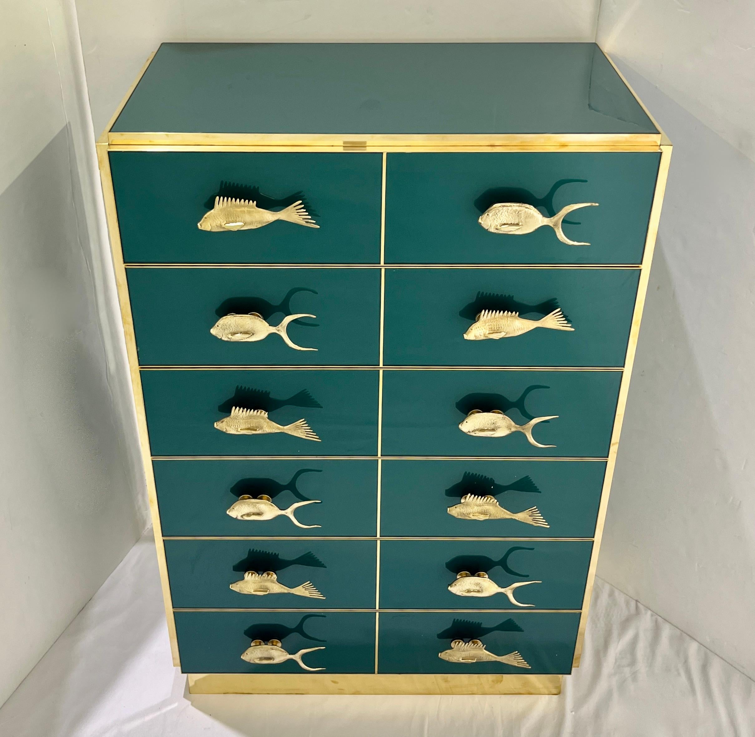 Bespoke Italian Brass Emerald Blue Green Art Glass 6-Drawer Highboy Dresser For Sale 6
