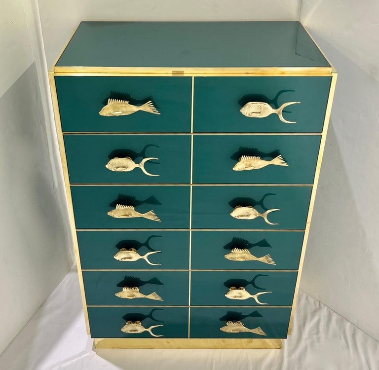 Bespoke Italian Brass Emerald Blue Green Art Glass 6-Drawer Highboy Dresser  For Sale at 1stDibs