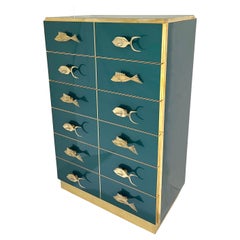 Bespoke Italian Brass Emerald Blue Green Art Glass 6-Drawer Highboy Dresser