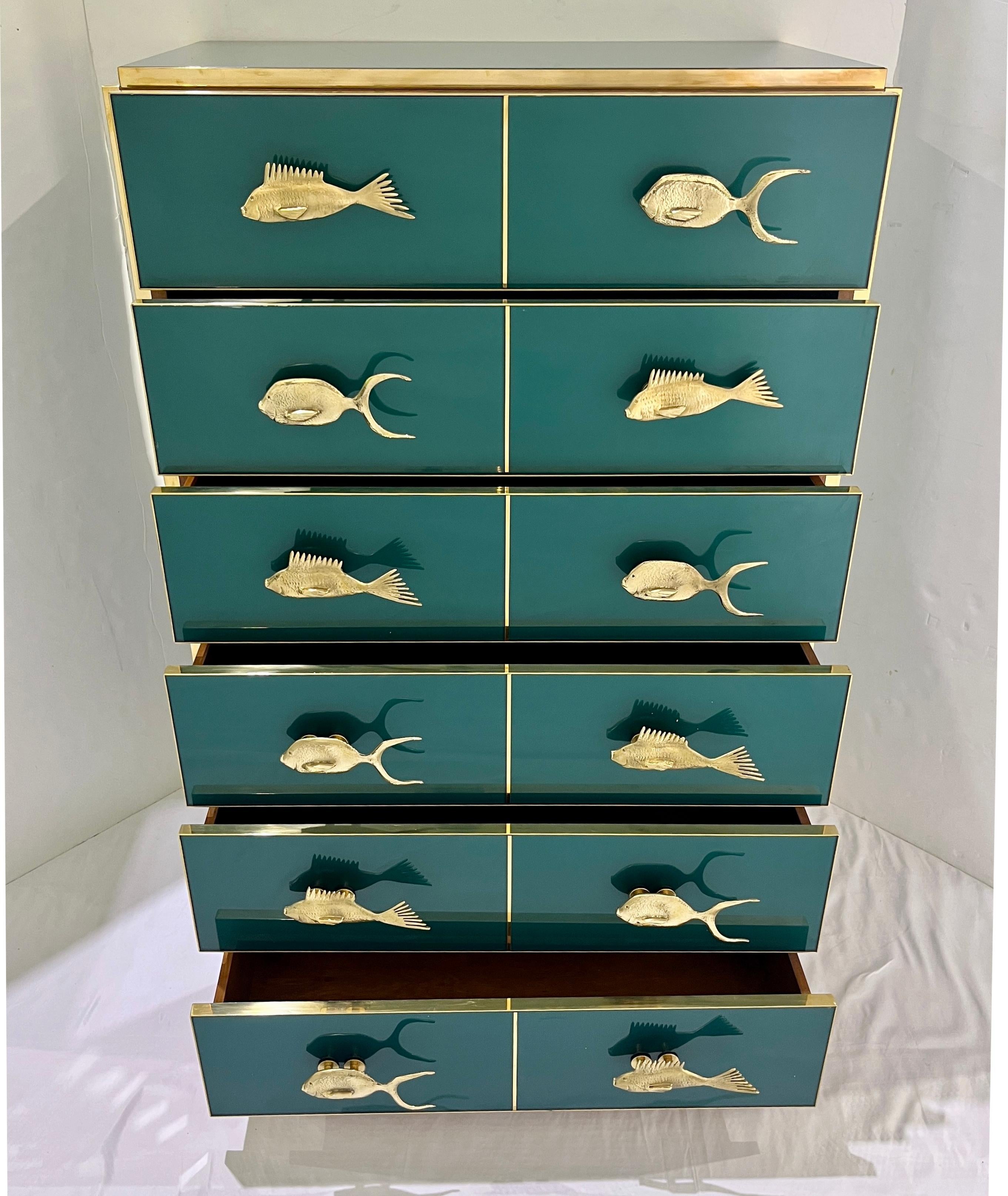 Cast Bespoke Italian Brass Emerald Blue Green Art Glass 6-Drawer Highboy Dresser For Sale