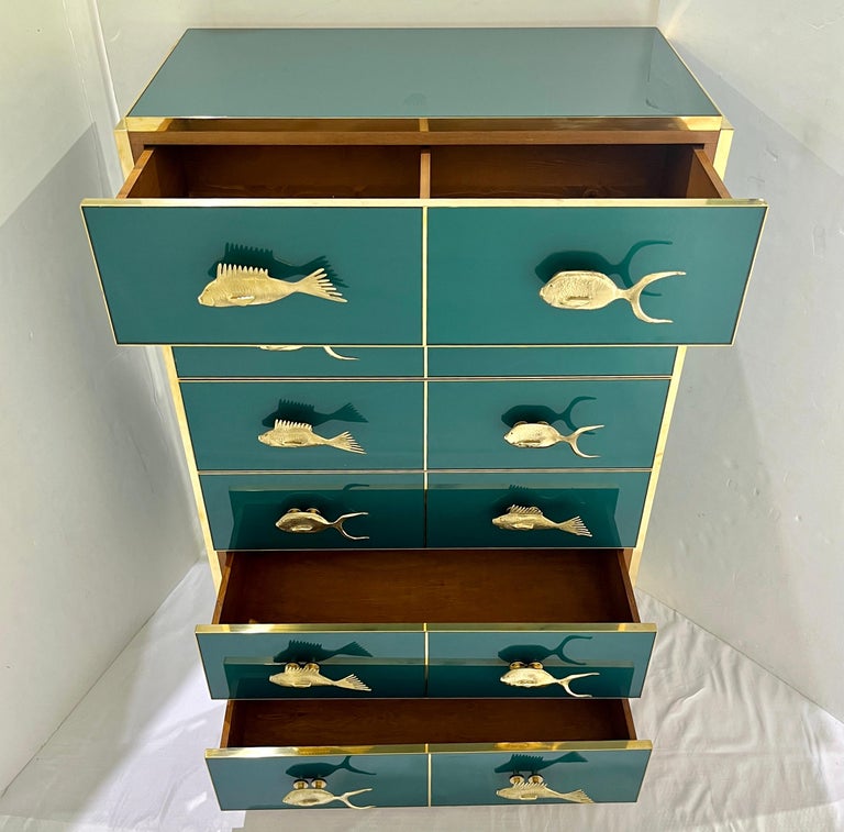 Bespoke Italian Brass Emerald Blue Green Art Glass 6-Drawer Highboy Dresser  For Sale at 1stDibs