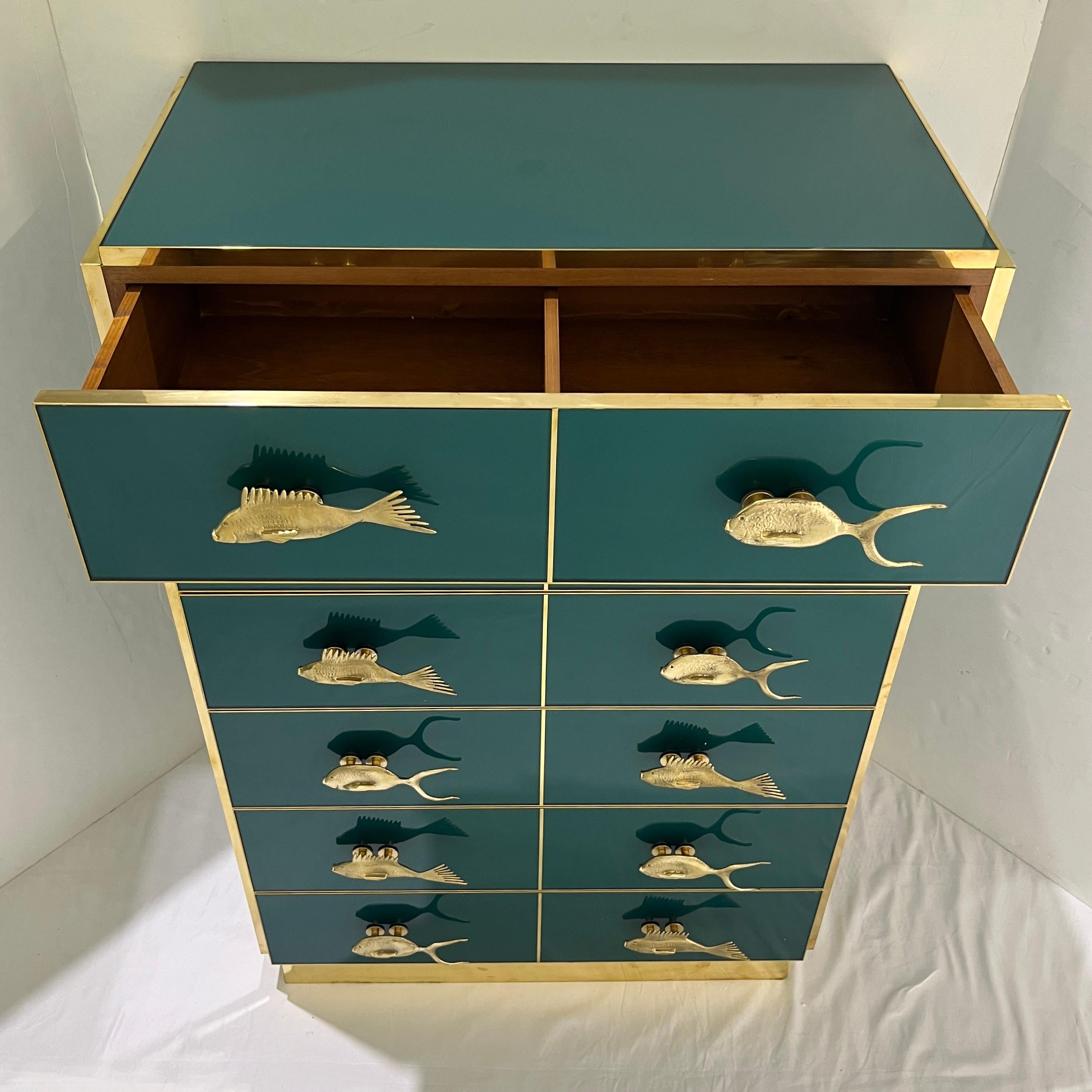 Contemporary Bespoke Italian Brass Emerald Blue Green Art Glass 6-Drawer Highboy Dresser For Sale