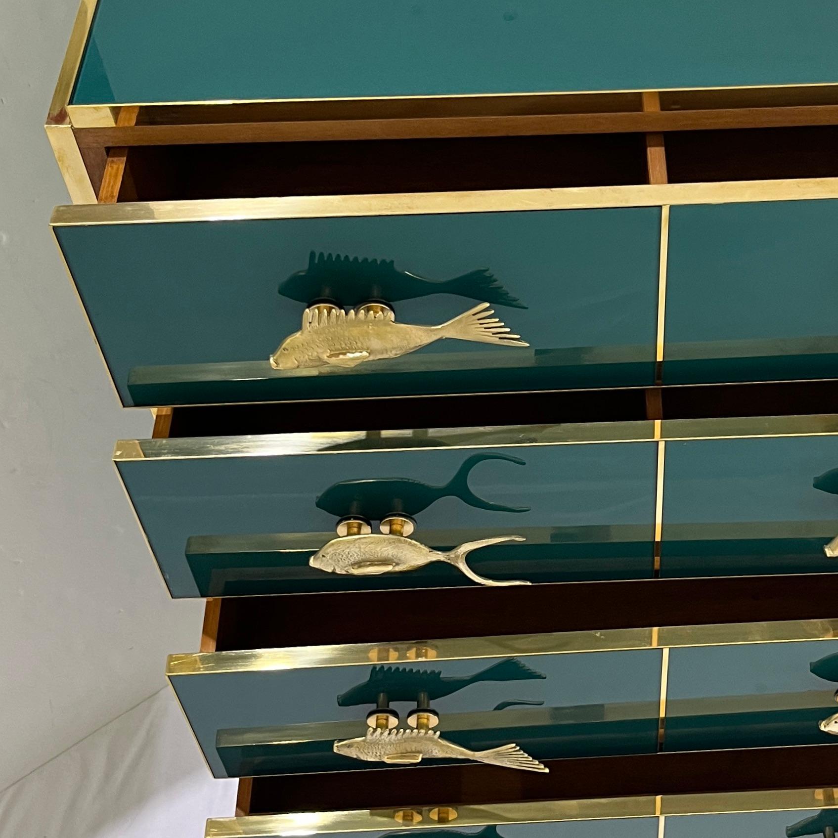 Bespoke Italian Brass Emerald Blue Green Art Glass 6-Drawer Highboy Dresser For Sale 1