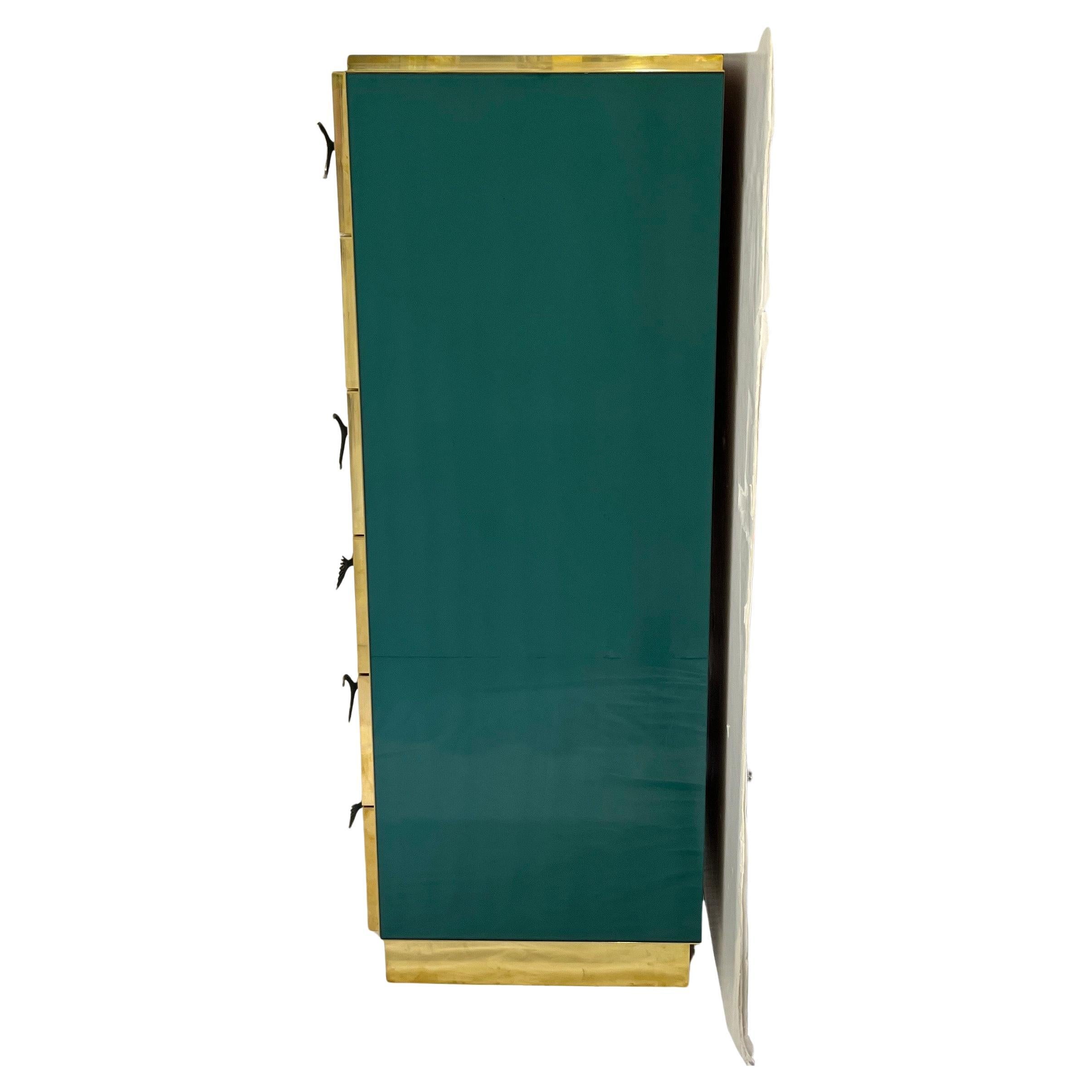 Bespoke Italian Brass Emerald Blue Green Art Glass 6-Drawer Highboy Dresser For Sale 3