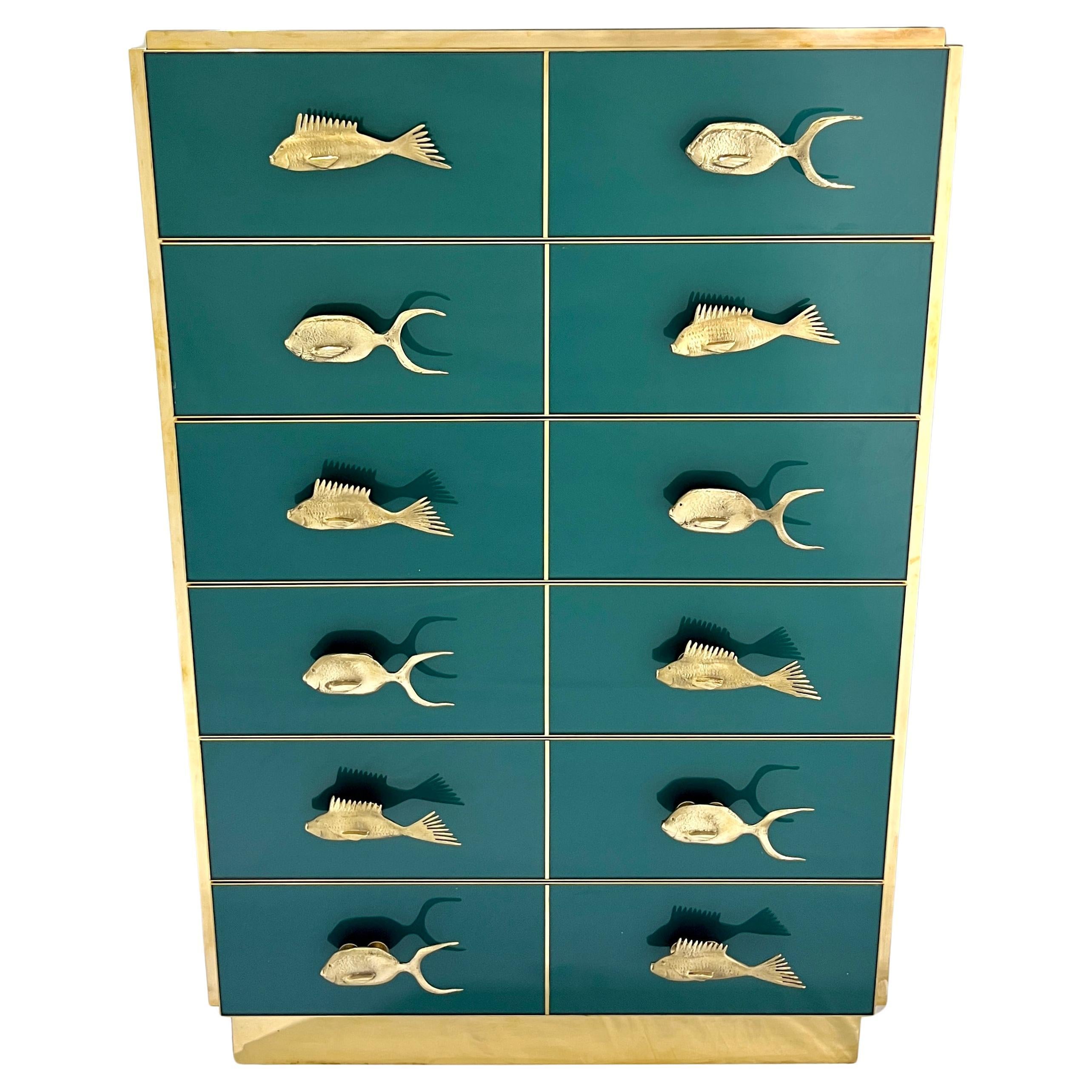 Organic Modern Bespoke Italian Brass Emerald Blue Green Art Glass 6-Drawer Highboy Dresser For Sale