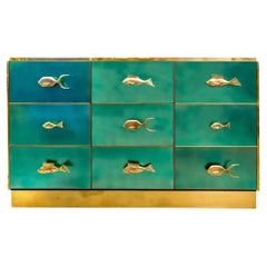Bespoke Italian Brass Emerald Blue Green Art Glass 9-Drawer Dresser Sideboard