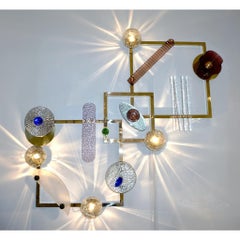 Bespoke Italian Brass Lit Wall Art with Blue Pink Purple Glass Floral Accents