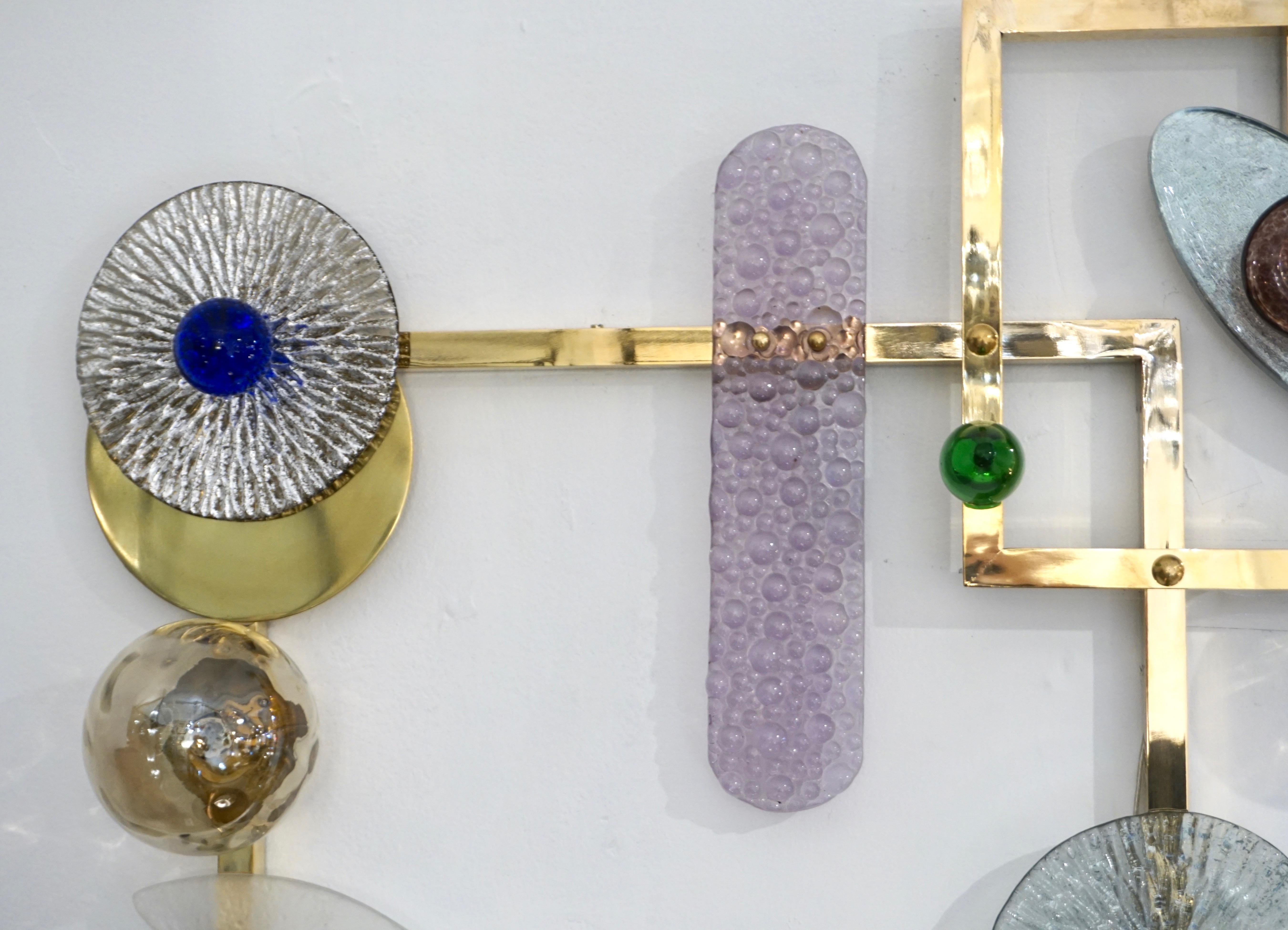 Art Glass Bespoke Italian Brass Lit Wall Art with Blue Pink Purple Glass Floral Accents For Sale