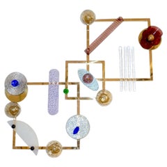 Bespoke Italian Brass Lit Wall Art with Blue Pink Purple Glass Floral Accents