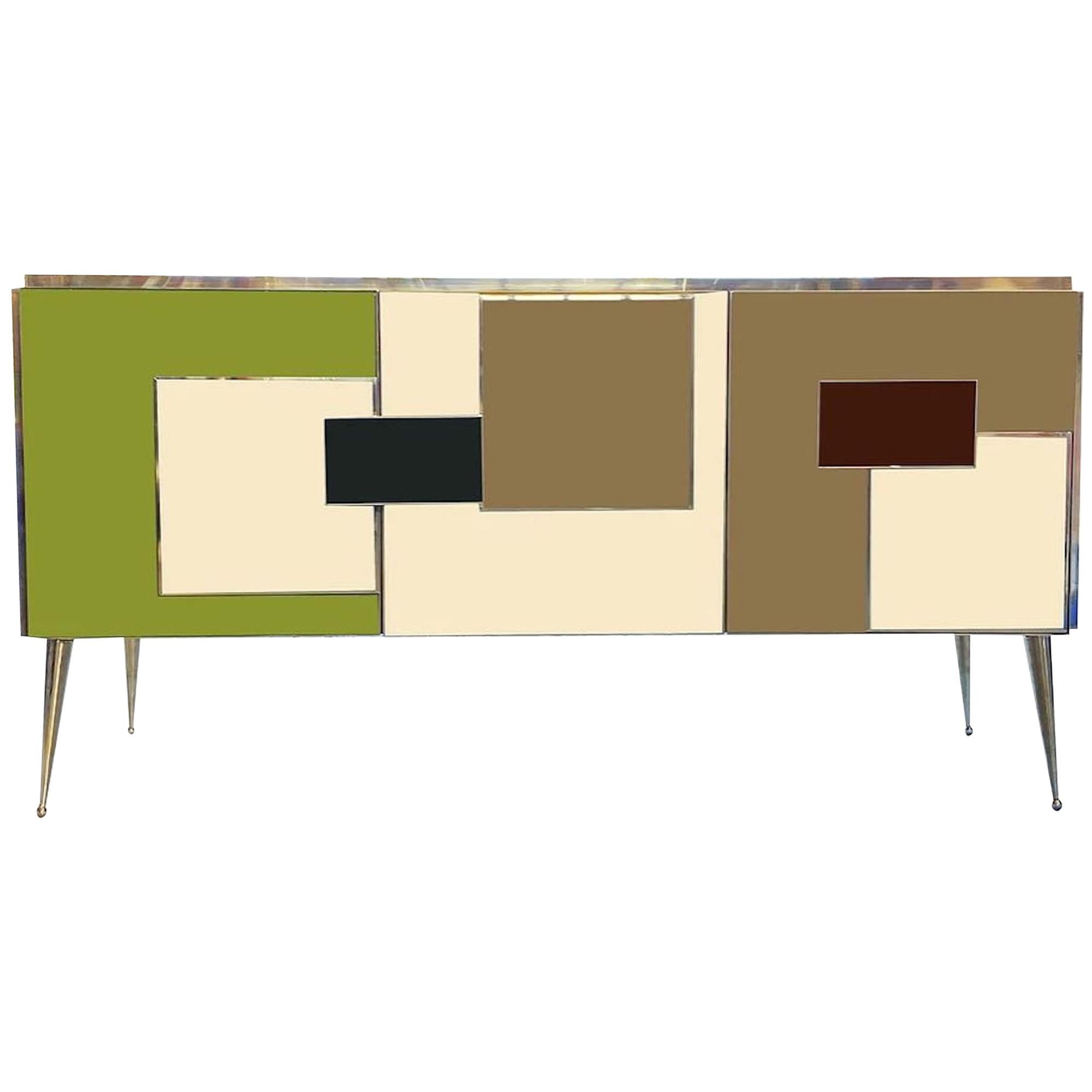 Bespoke Italian Colored Glass and Brass Sideboard For Sale