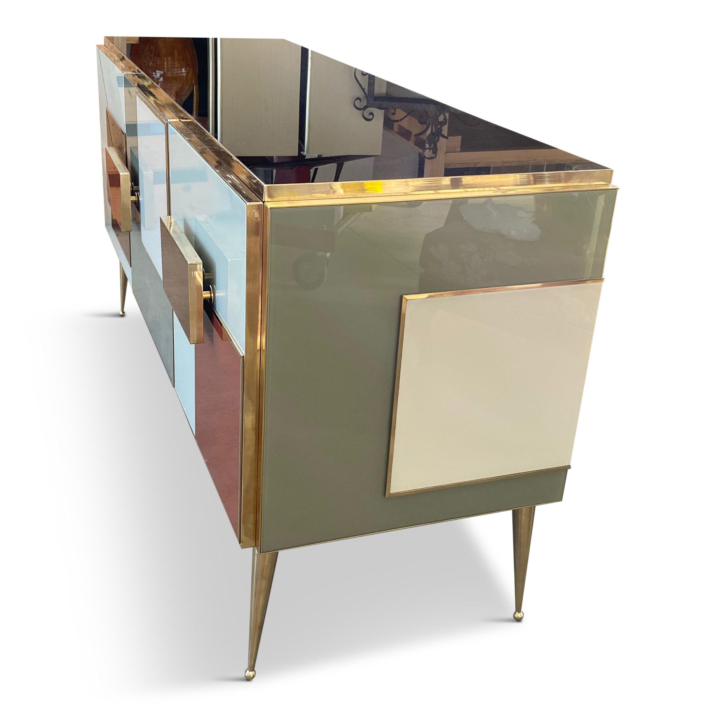 Post-Modern Bespoke Italian Colored Glass and Brass Sideboard For Sale