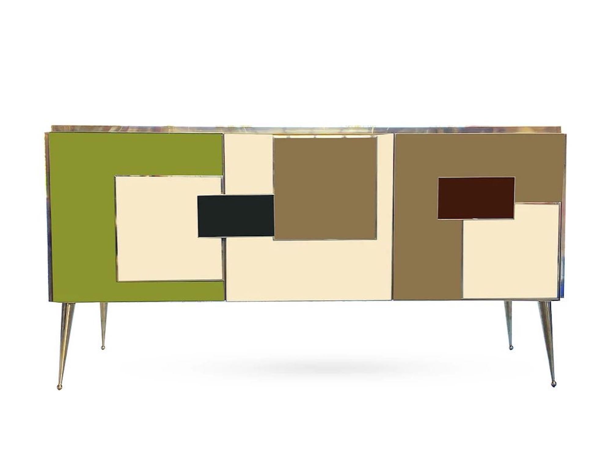 Post-Modern Bespoke Italian Colored Glass and Brass Sideboard For Sale