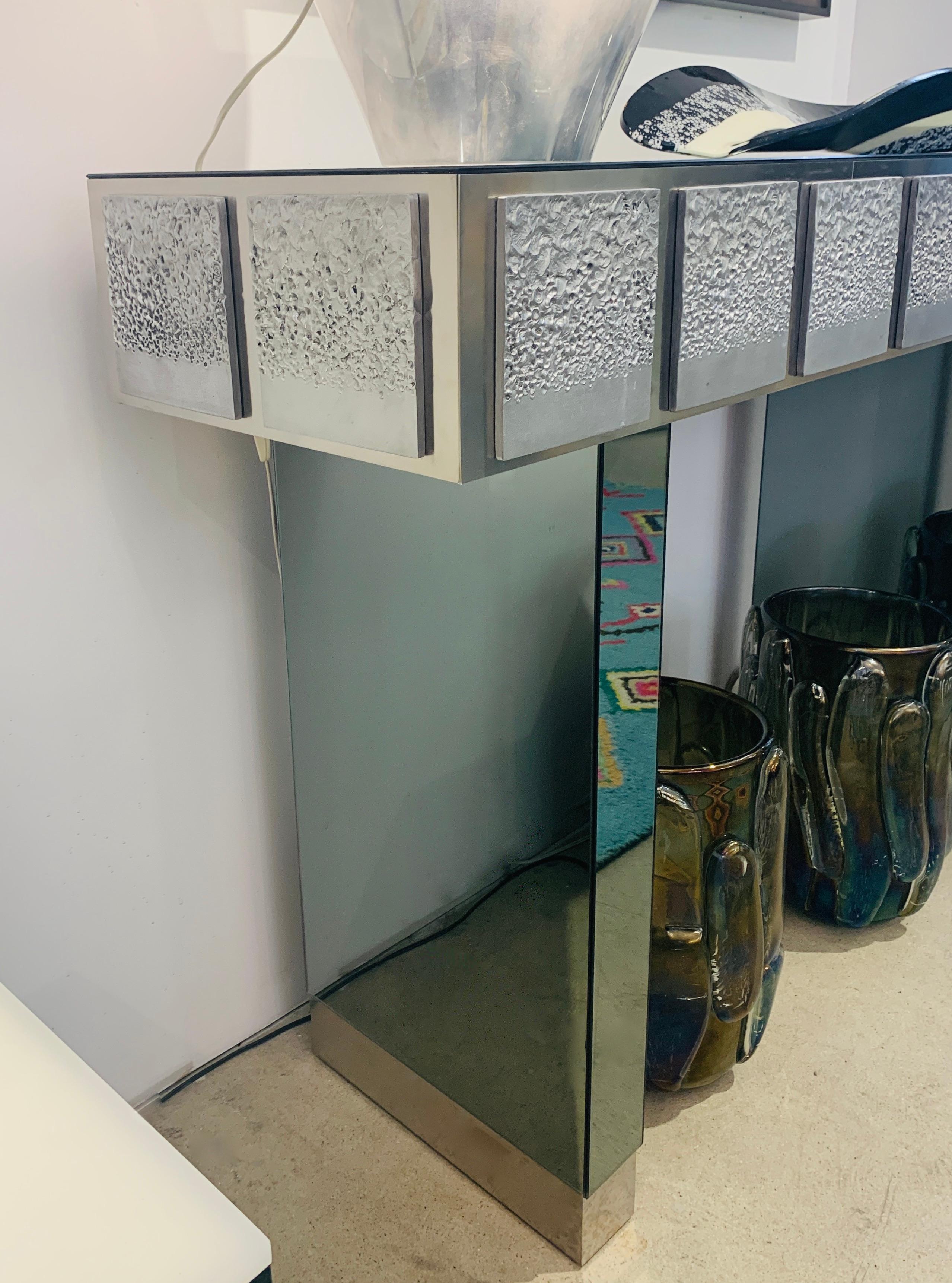 Bespoke Italian Contemporary One-of-a-Kind Polished Steel Smoked Mirror Console For Sale 5