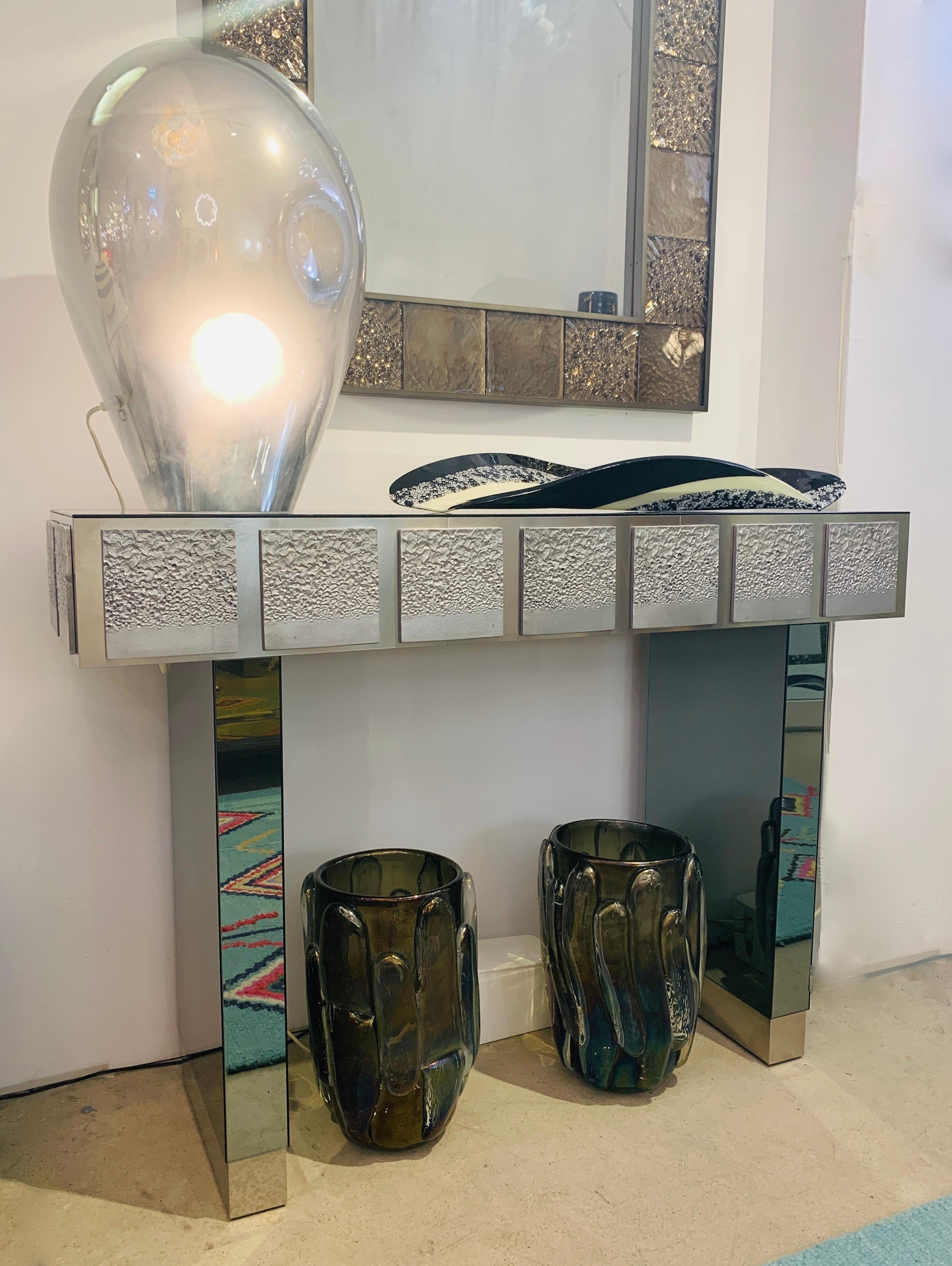 Hand-Crafted Bespoke Italian Contemporary One-of-a-Kind Polished Steel Smoked Mirror Console For Sale