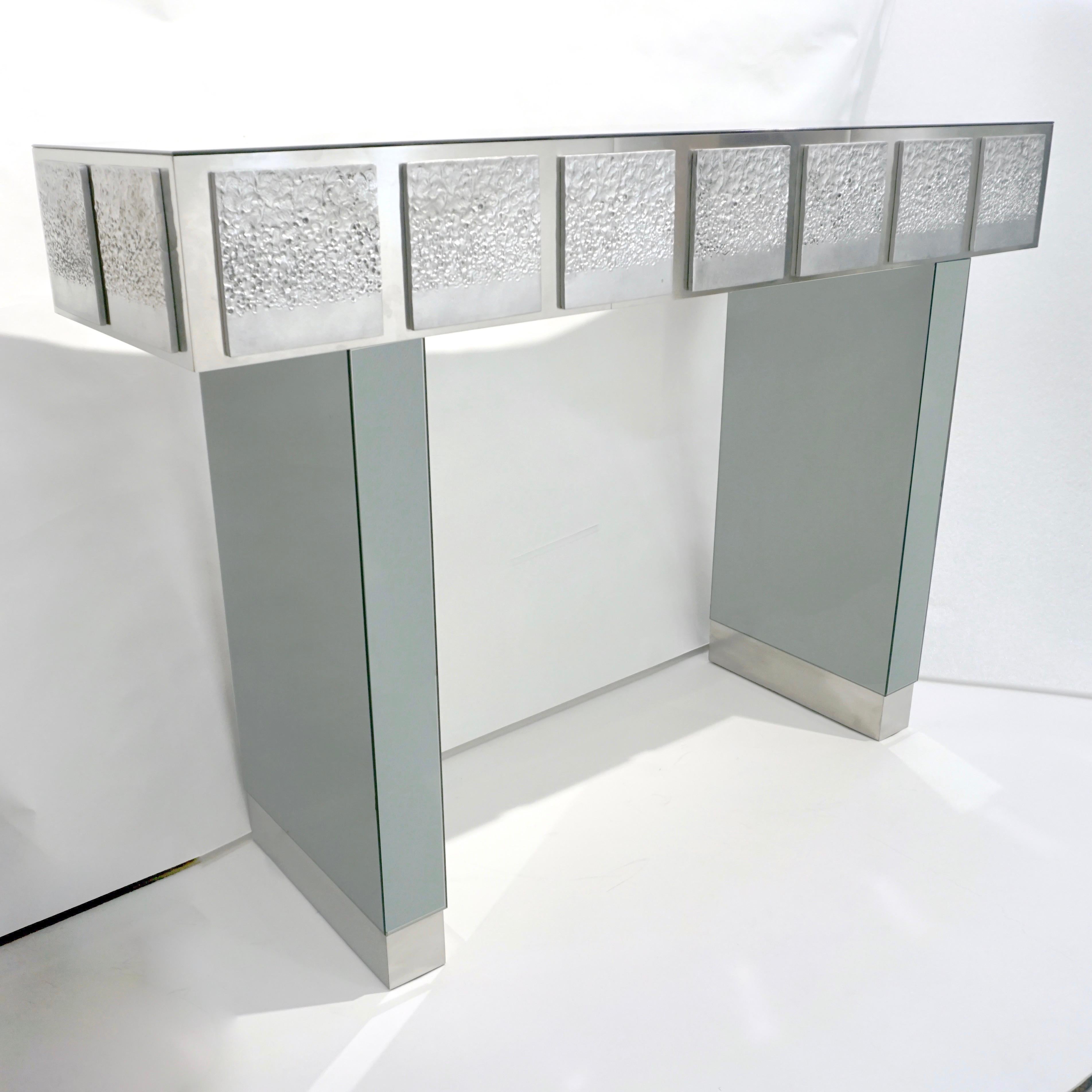 Bespoke Italian Contemporary One-of-a-Kind Polished Steel Smoked Mirror Console For Sale 2