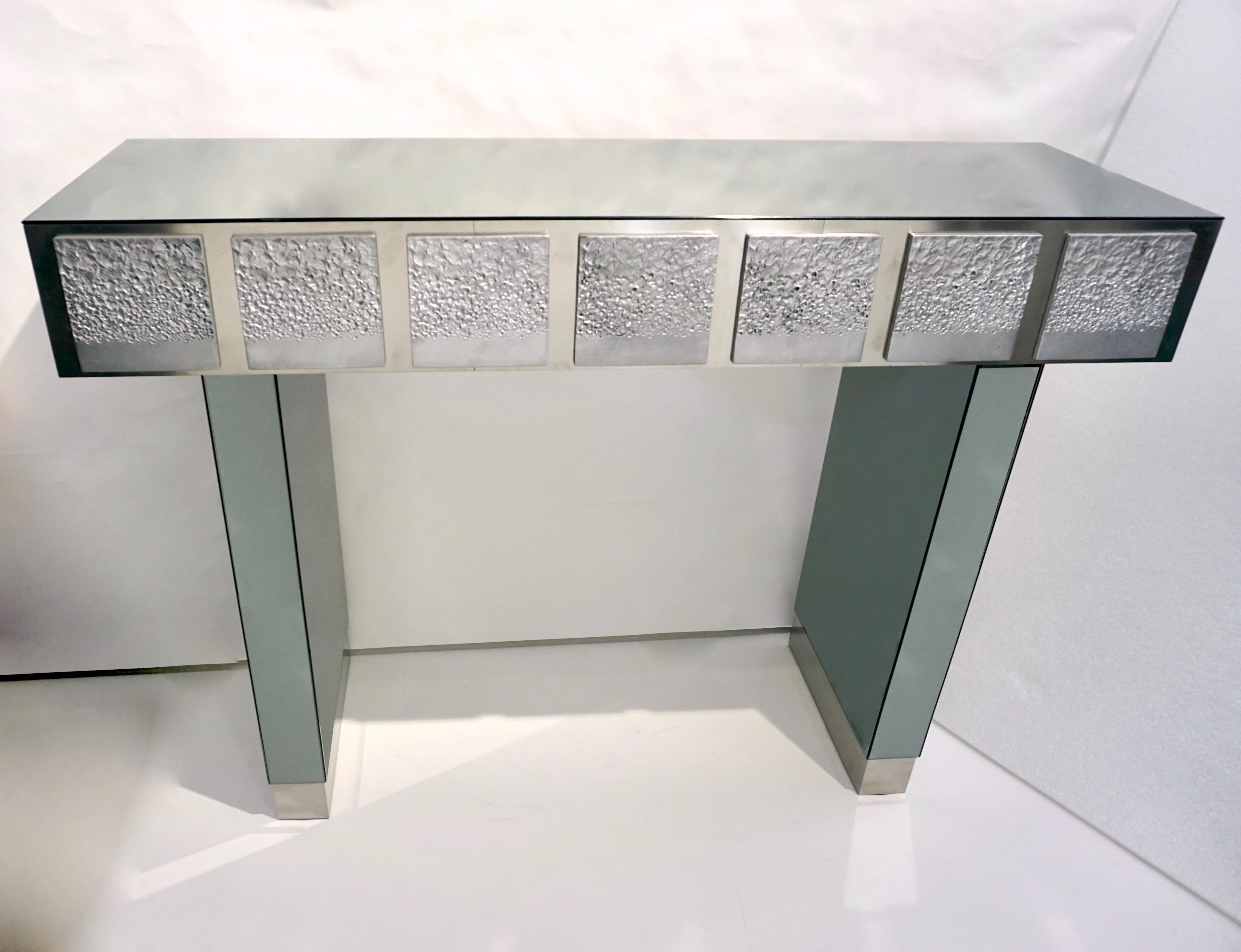 Bespoke Italian Contemporary One-of-a-Kind Polished Steel Smoked Mirror Console For Sale 2