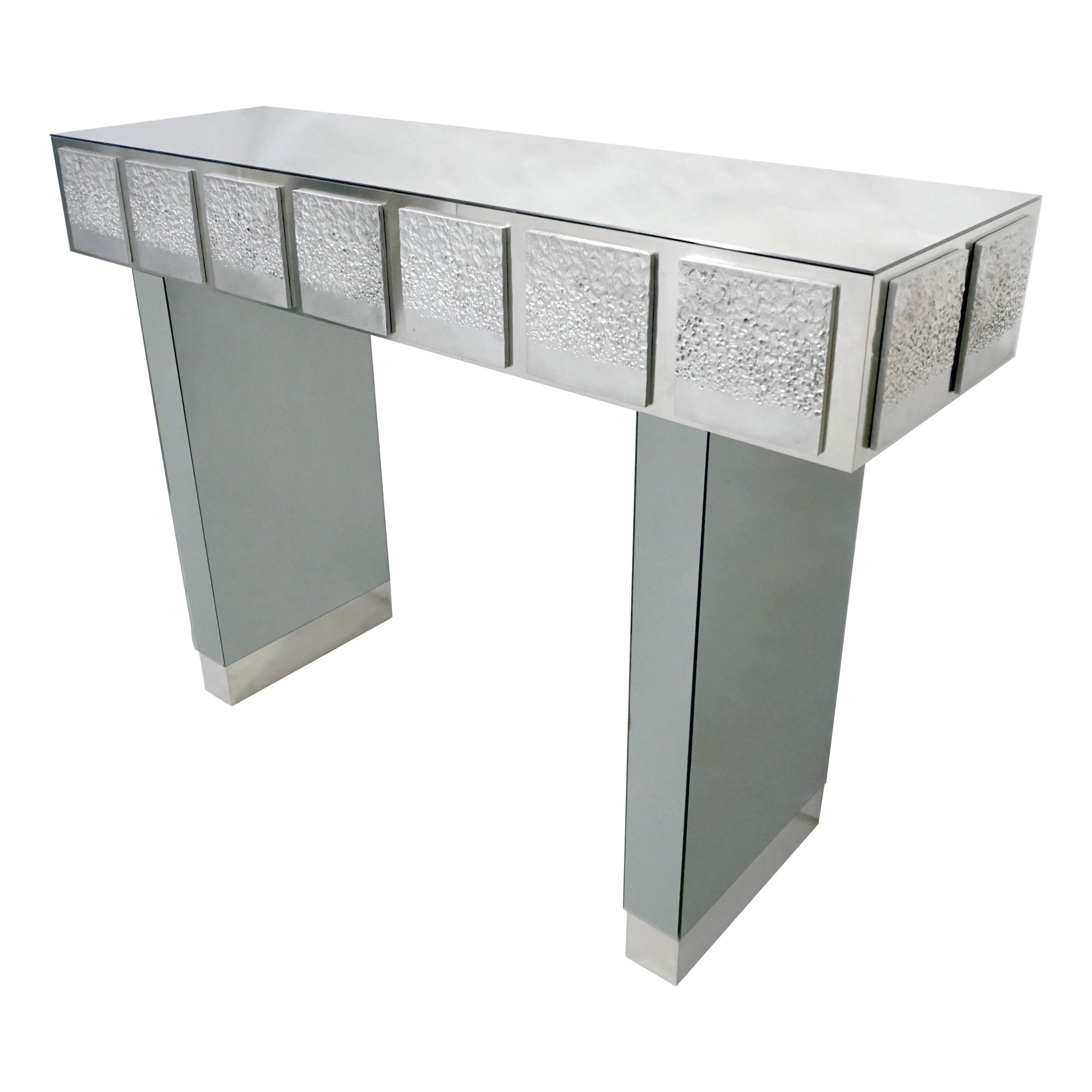 Bespoke Italian Contemporary One-of-a-Kind Polished Steel Smoked Mirror Console For Sale
