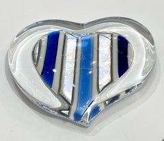 Bespoke Italian Crystal White Blue Silver Murano Glass Heart Shaped Paperweight