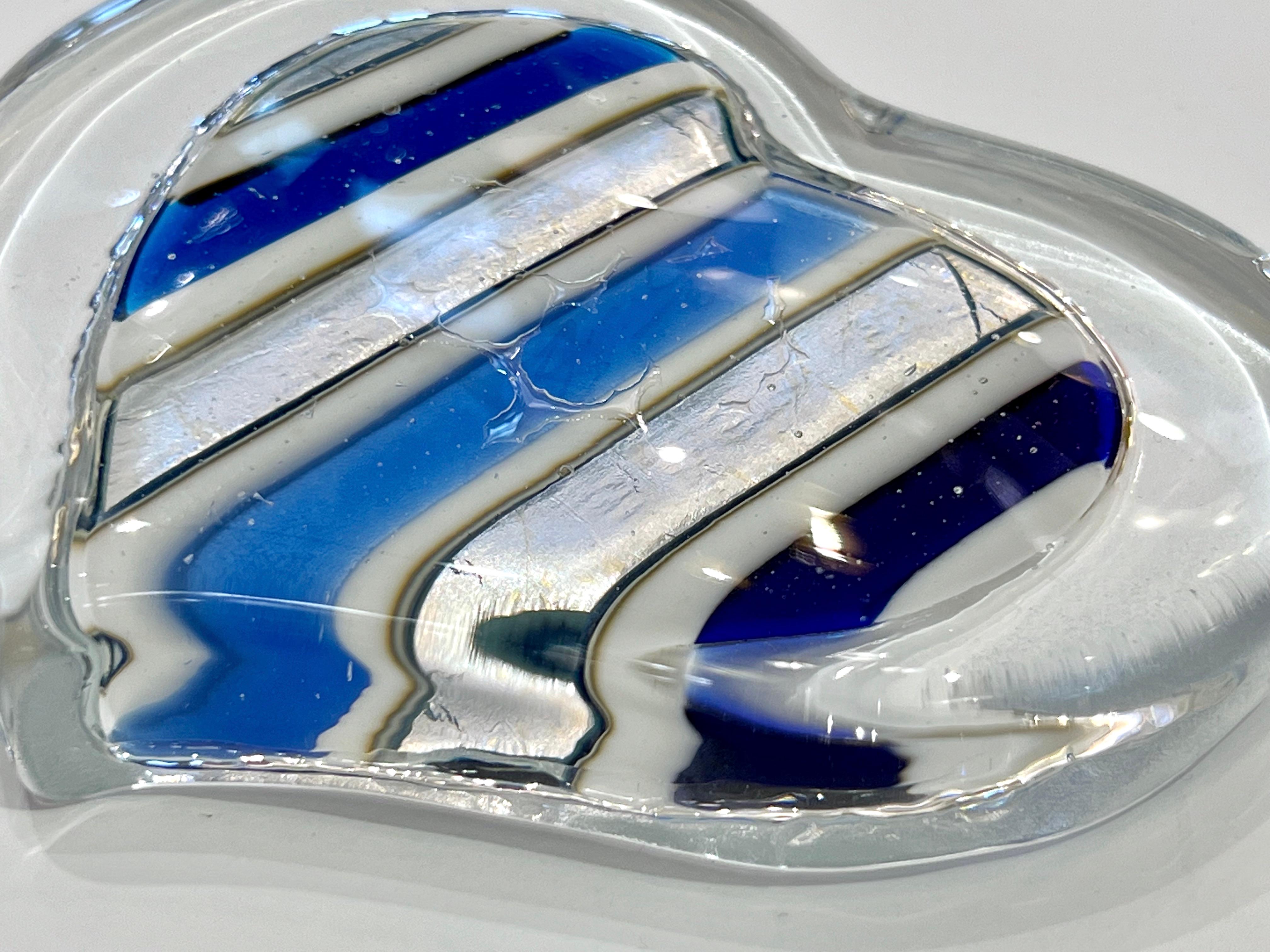 Post-Modern Bespoke Italian Crystal White Blue Silver Murano Glass Heart Shaped Paperweight