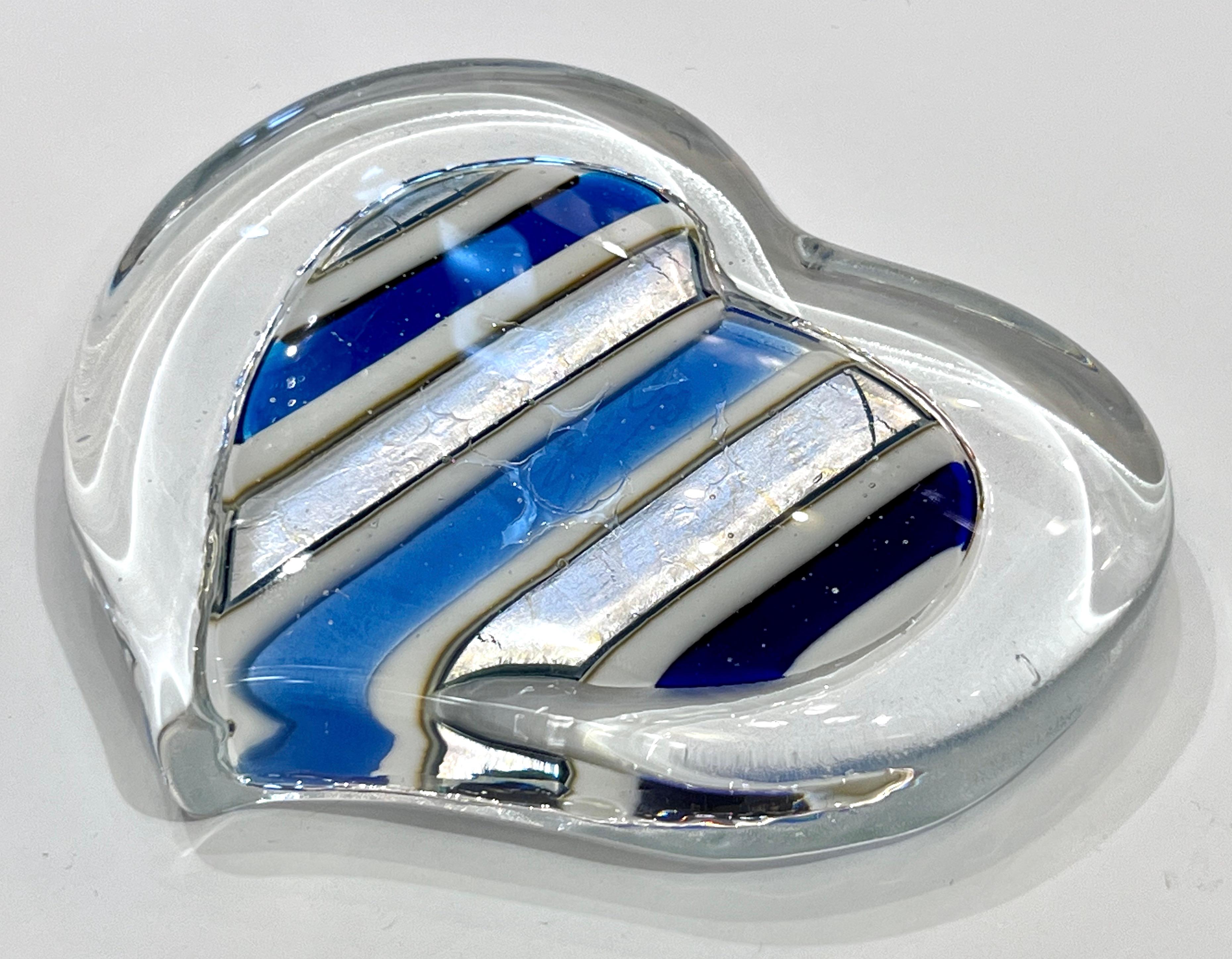 Bespoke Italian Crystal White Blue Silver Murano Glass Heart Shaped Paperweight 1