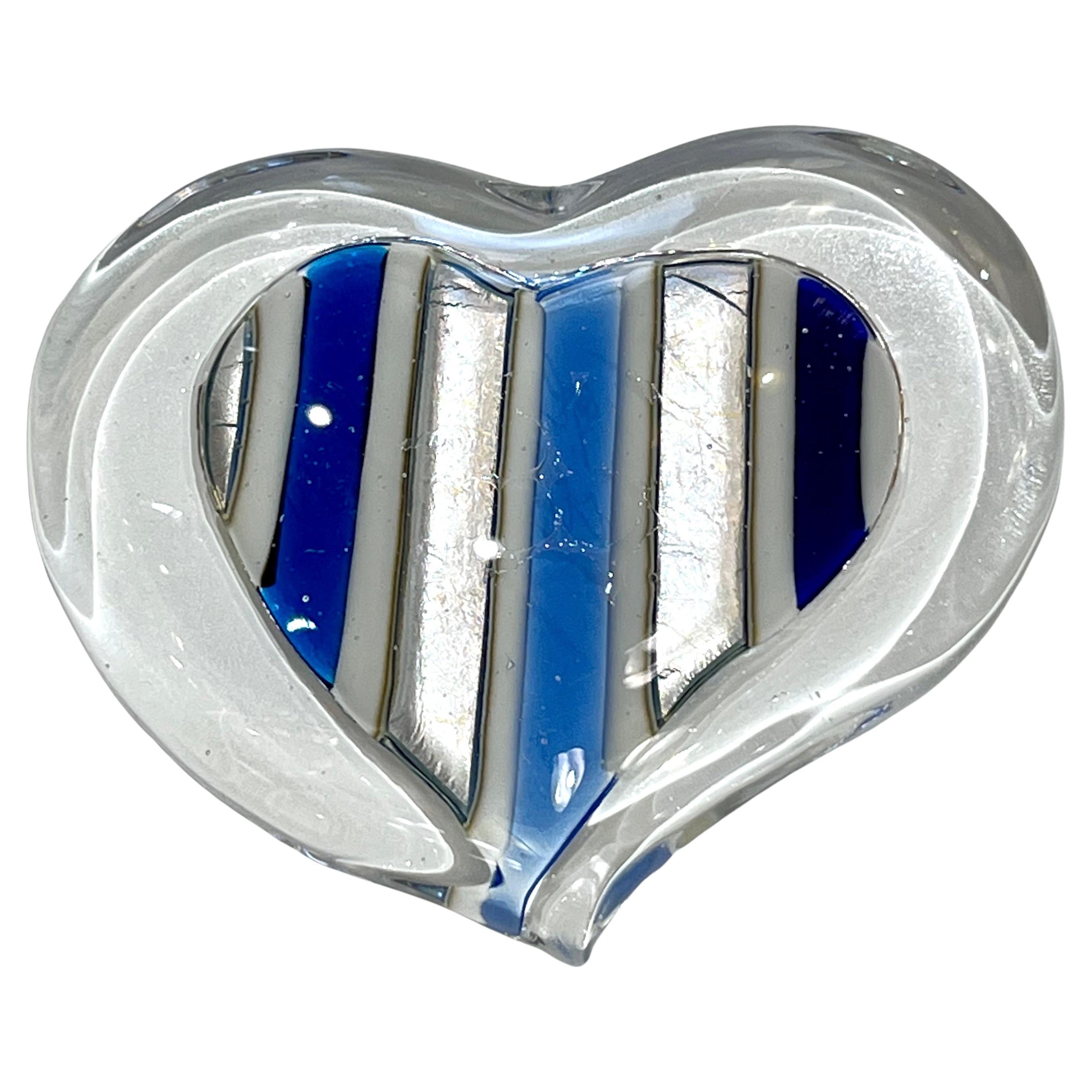 Bespoke Italian Crystal White Blue Silver Murano Glass Heart Shaped Paperweight