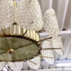 Bespoke Italian Crystal Frosted White Murano Glass Brass Chandelier / Flushmount