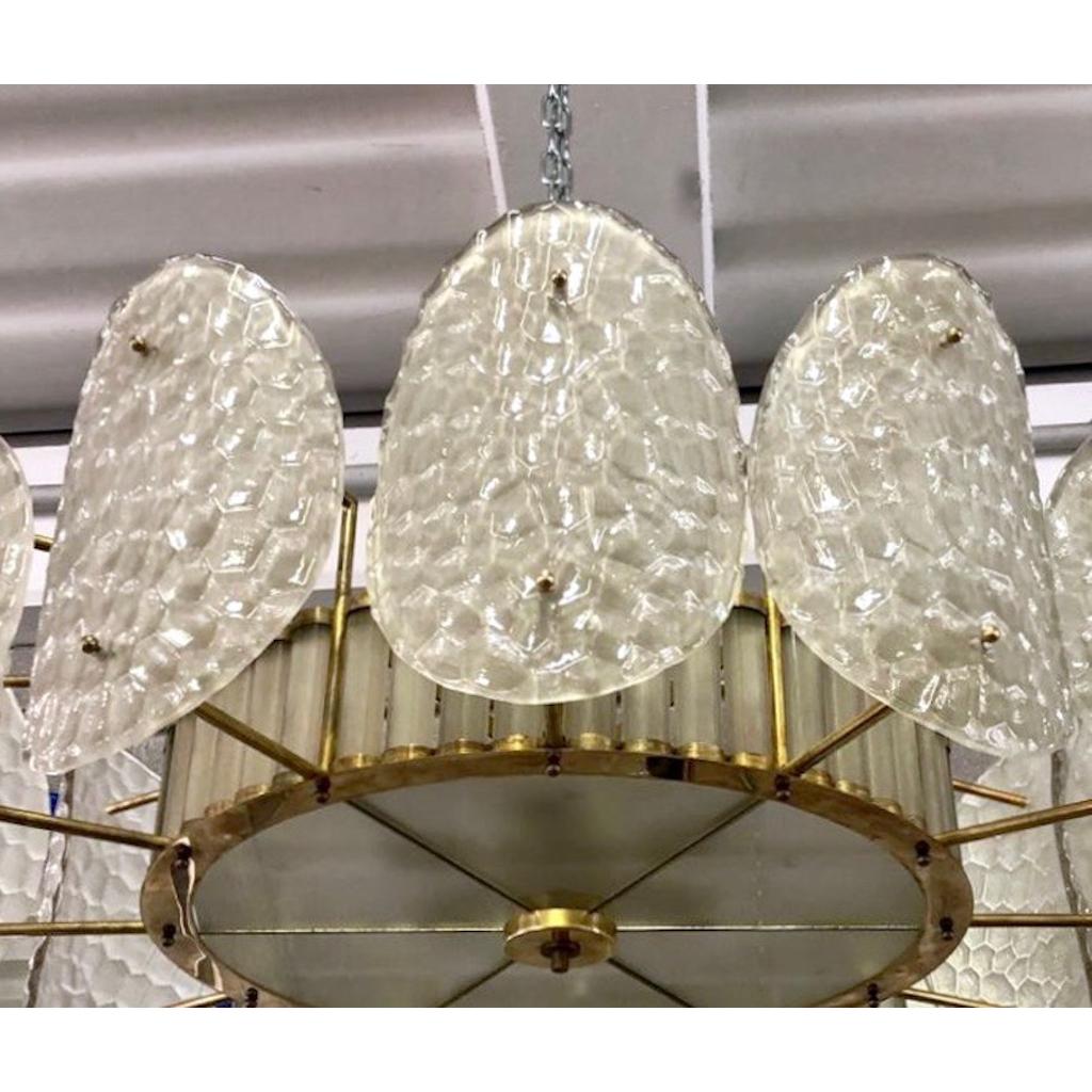 Art Deco Bespoke Italian Crystal Frosted White Murano Glass Brass Chandelier / Flushmount For Sale
