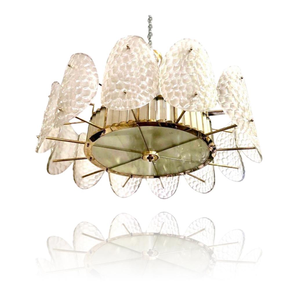 Contemporary Bespoke Italian Crystal Frosted White Murano Glass Brass Chandelier / Flushmount For Sale