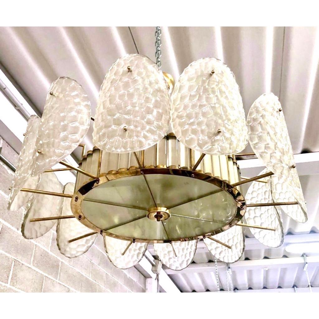 Bespoke Italian Crystal Frosted White Murano Glass Brass Chandelier / Flushmount For Sale 1