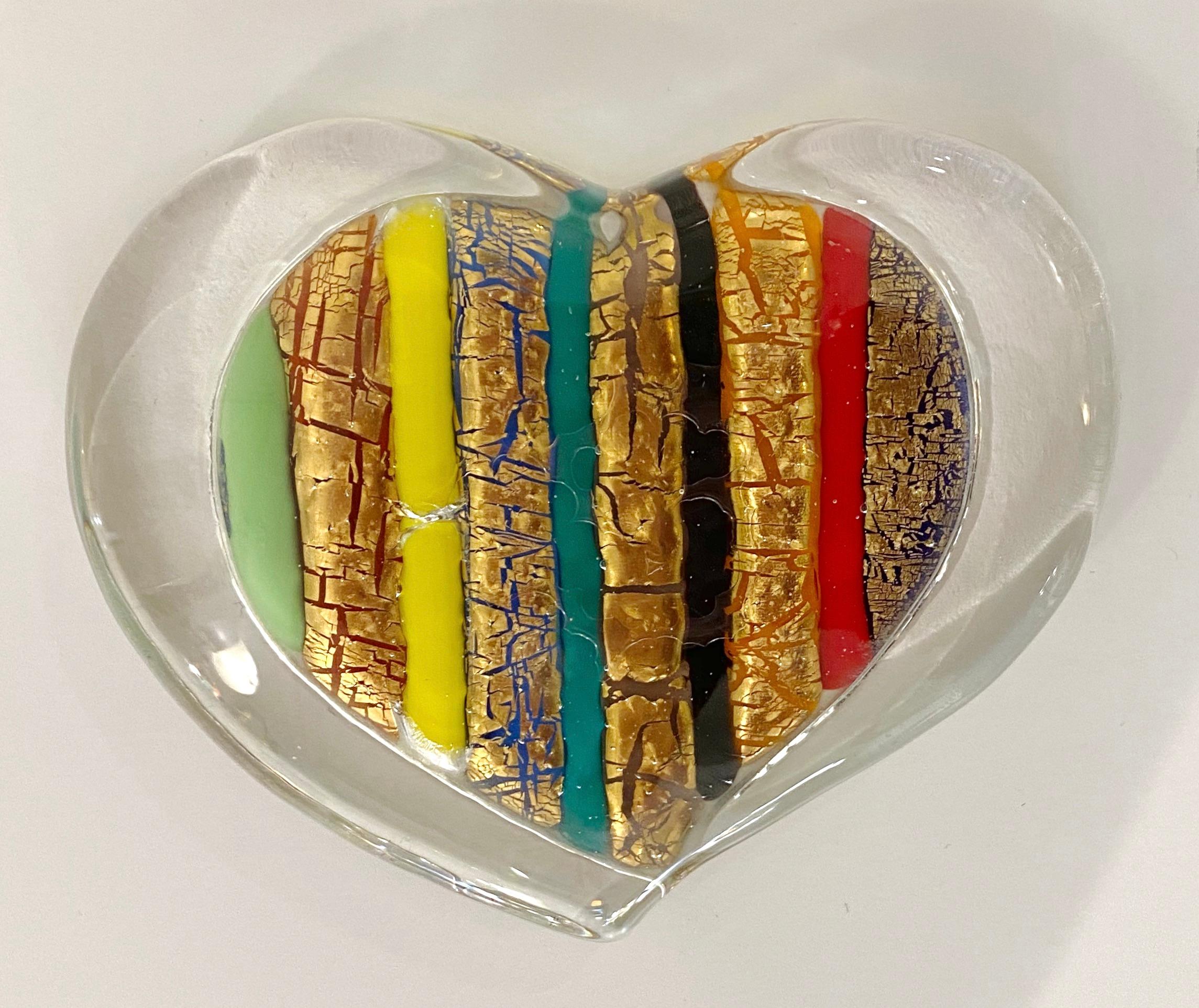 Contemporary Bespoke Italian Crystal Green Gold Red Murano Glass Heart Shaped Paperweight