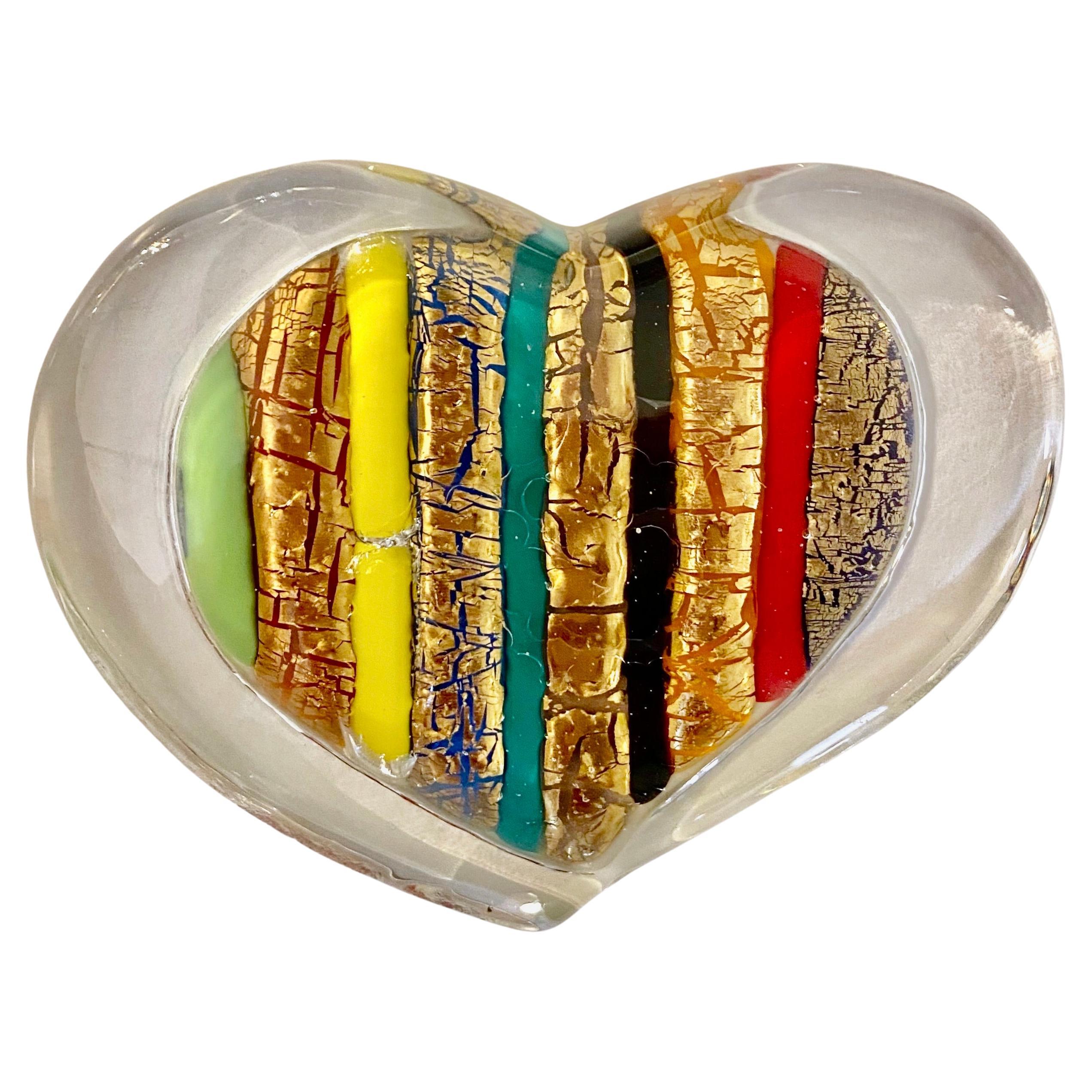 Bespoke Italian Crystal Green Gold Red Murano Glass Heart Shaped Paperweight  For Sale at 1stDibs