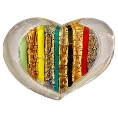 Bespoke Italian Crystal Green Gold Red Murano Glass Heart Shaped Paperweight