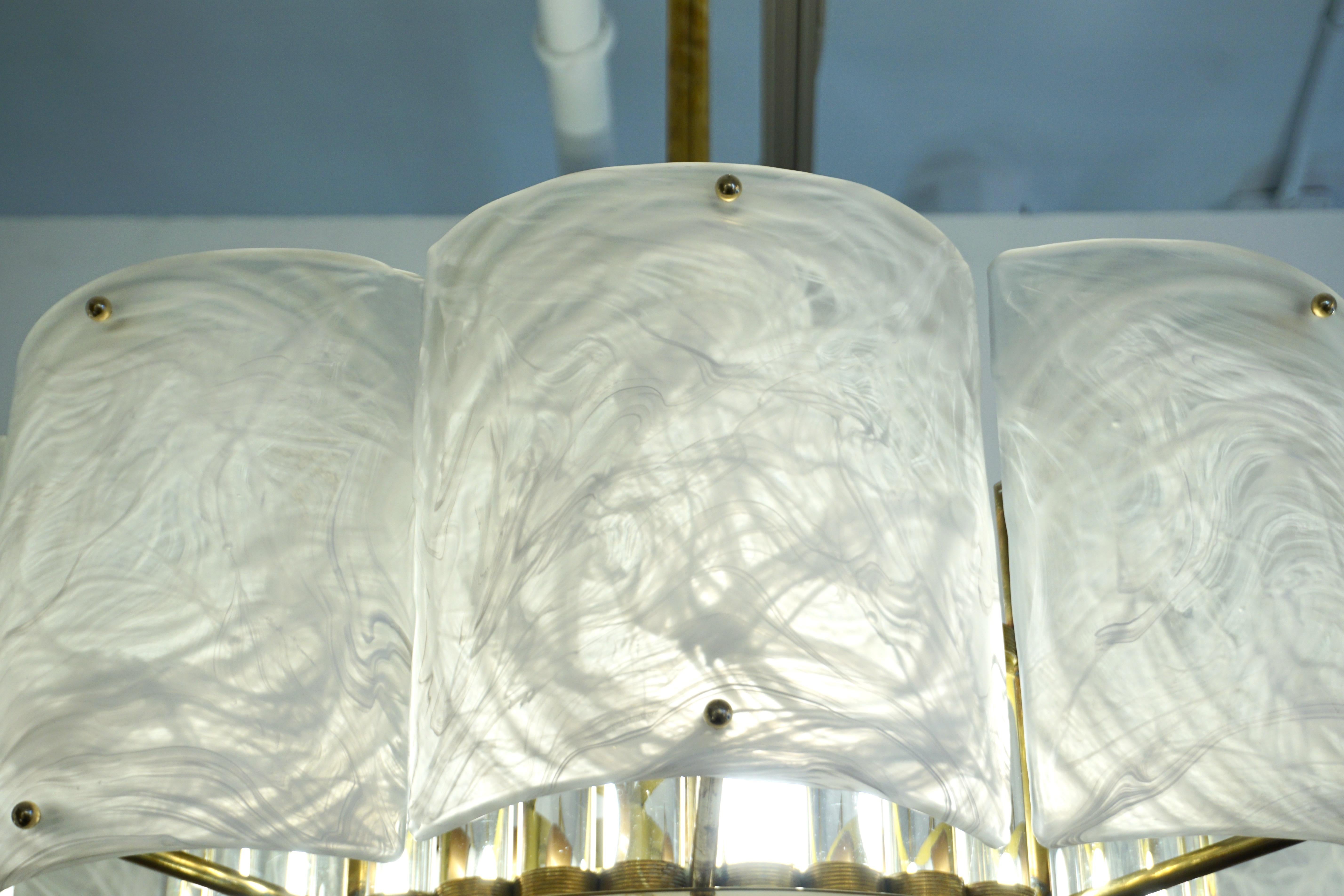 Bespoke Italian Alabaster White Murano Glass Brass Round Chandelier / Flushmount For Sale 4