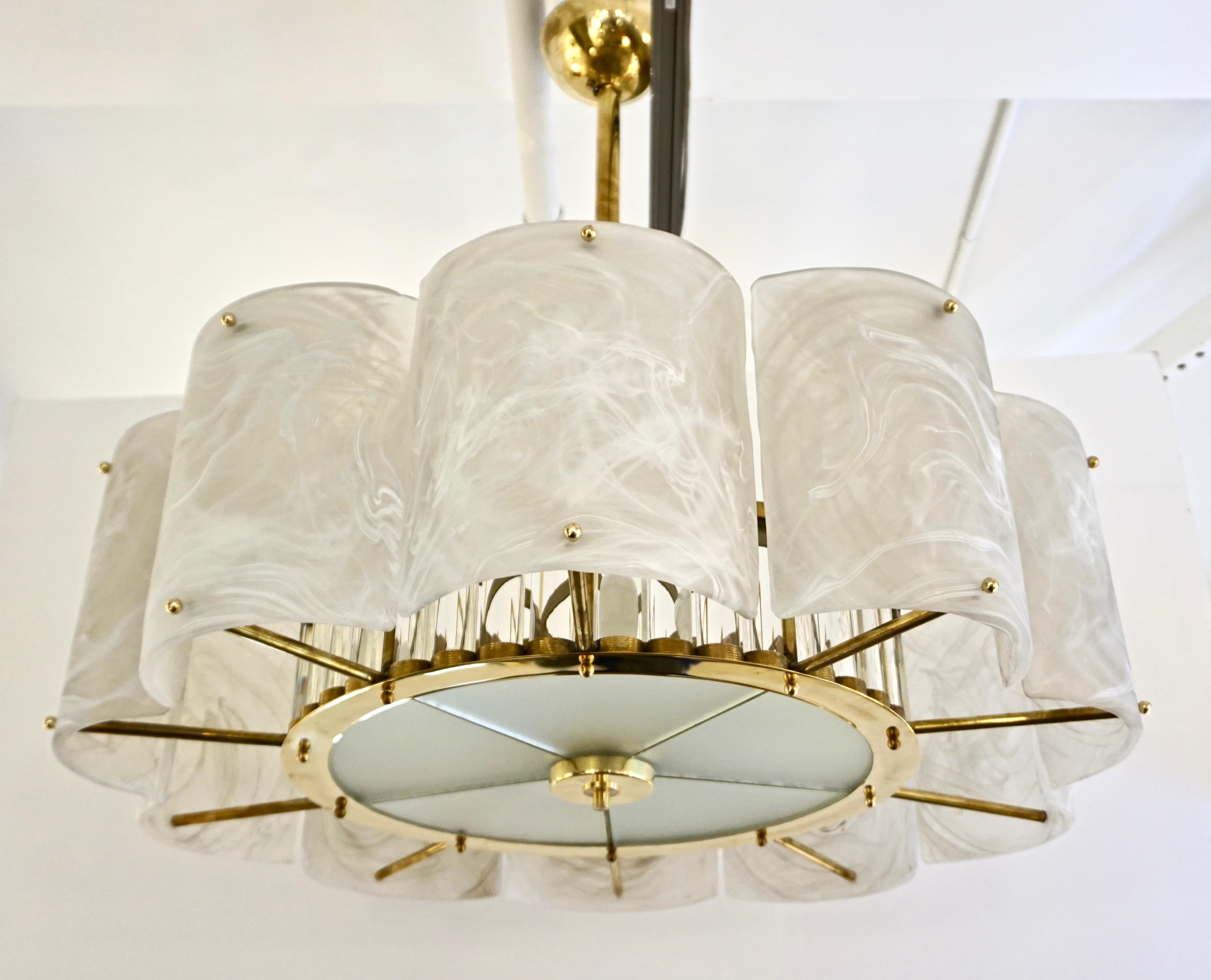 Bespoke Italian Alabaster White Murano Glass Brass Round Chandelier / Flushmount For Sale 6