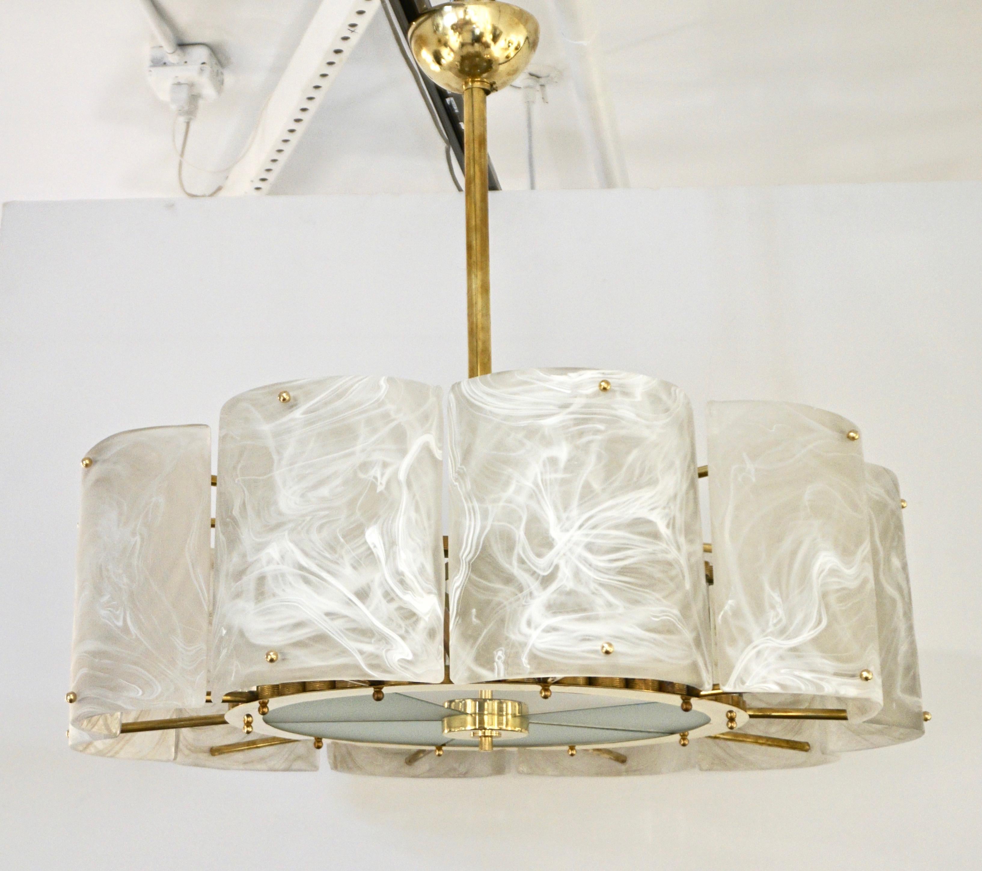 Bespoke Italian Alabaster White Murano Glass Brass Round Chandelier / Flushmount For Sale 7