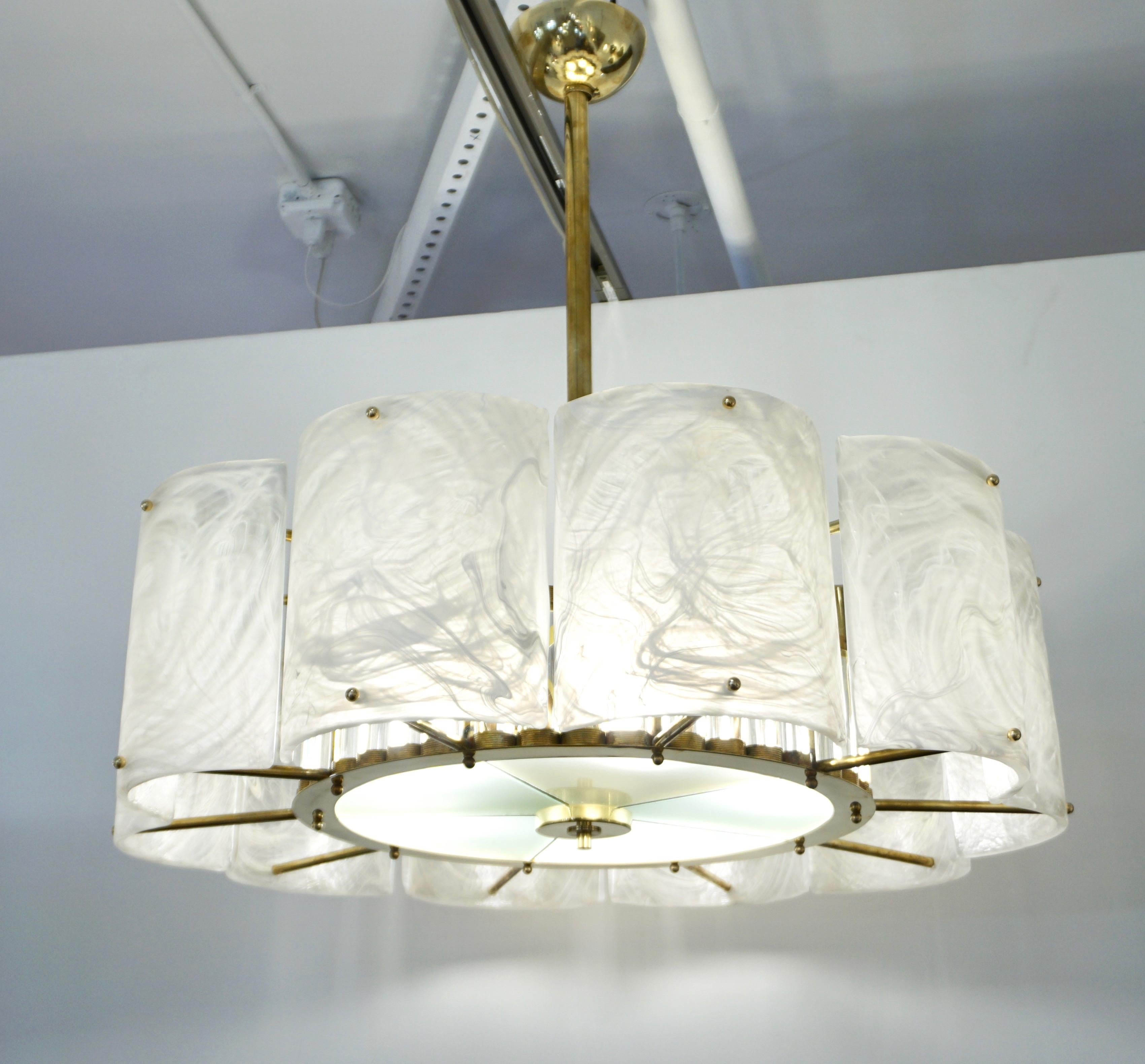 Bespoke Italian Alabaster White Murano Glass Brass Round Chandelier / Flushmount For Sale 2