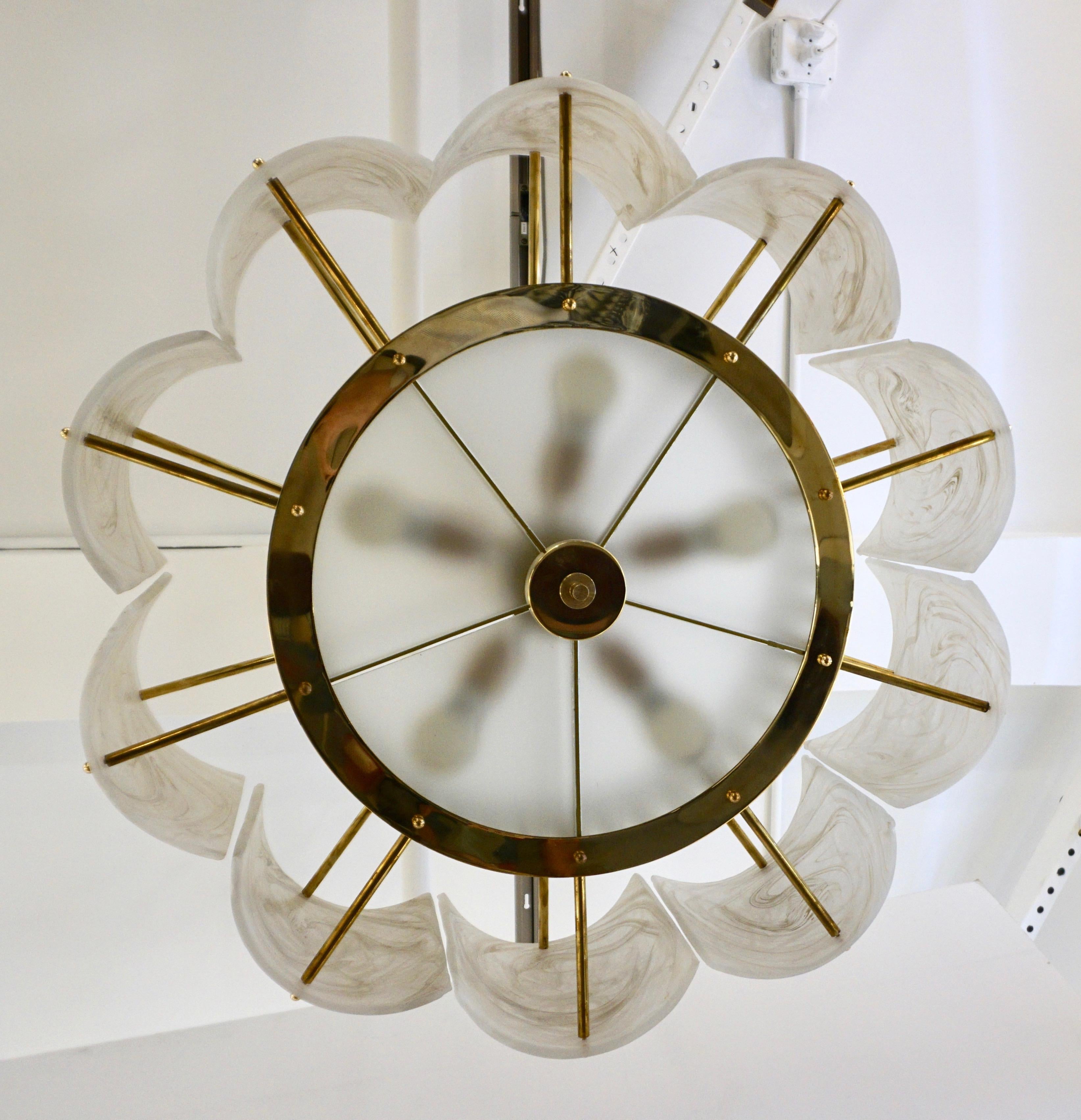 Bespoke Italian Alabaster White Murano Glass Brass Round Chandelier / Flushmount In New Condition For Sale In New York, NY