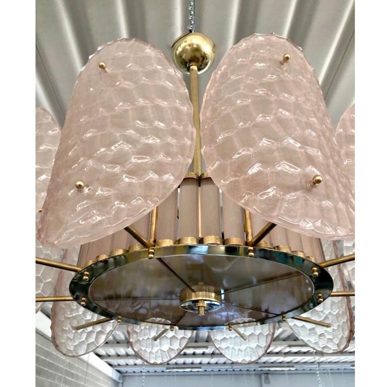 Bespoke Italian Crystal Rose Pink Murano Glass Brass Chandelier / Flushmount In New Condition For Sale In New York, NY