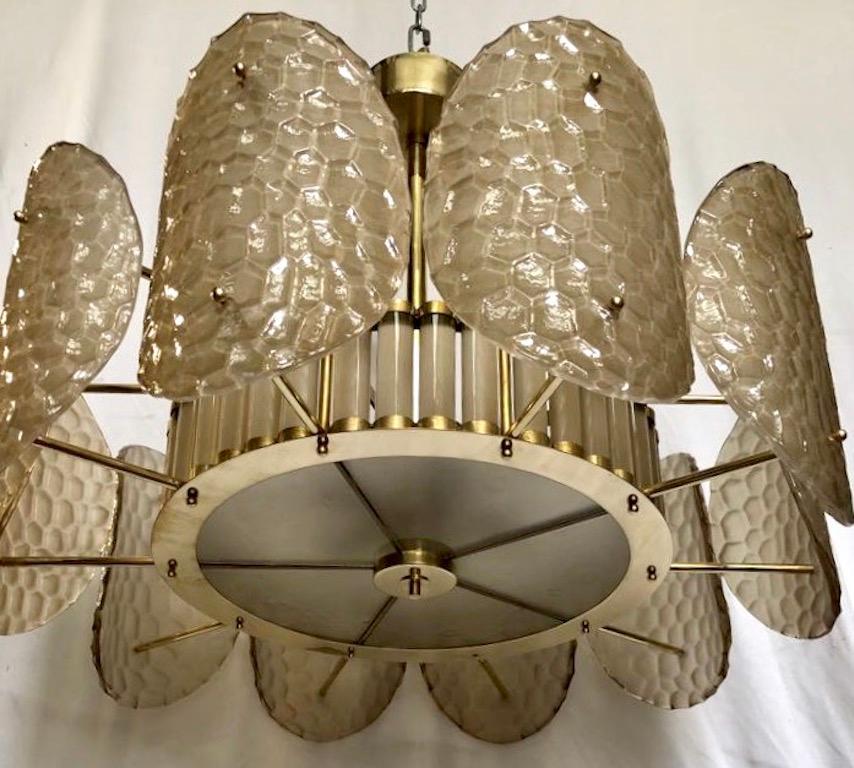 Art Deco Bespoke Italian Crystal Smoked Taupe Murano Glass Brass Chandelier / Flushmount For Sale