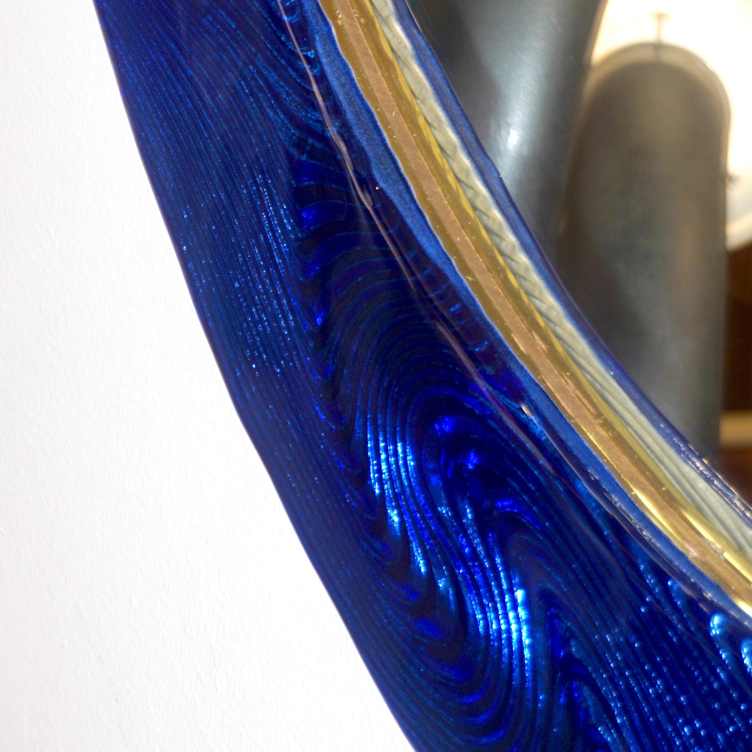 Bespoke Italian Custom Brass and Textured Cobalt Blue Murano Glass Round Mirror For Sale 4