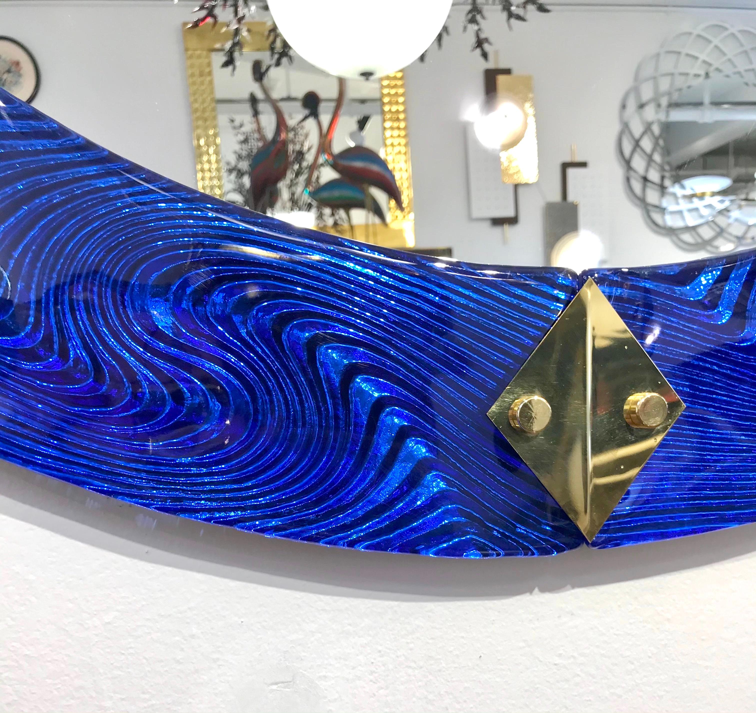 Art Deco Bespoke Italian Custom Brass and Textured Cobalt Blue Murano Glass Round Mirror For Sale