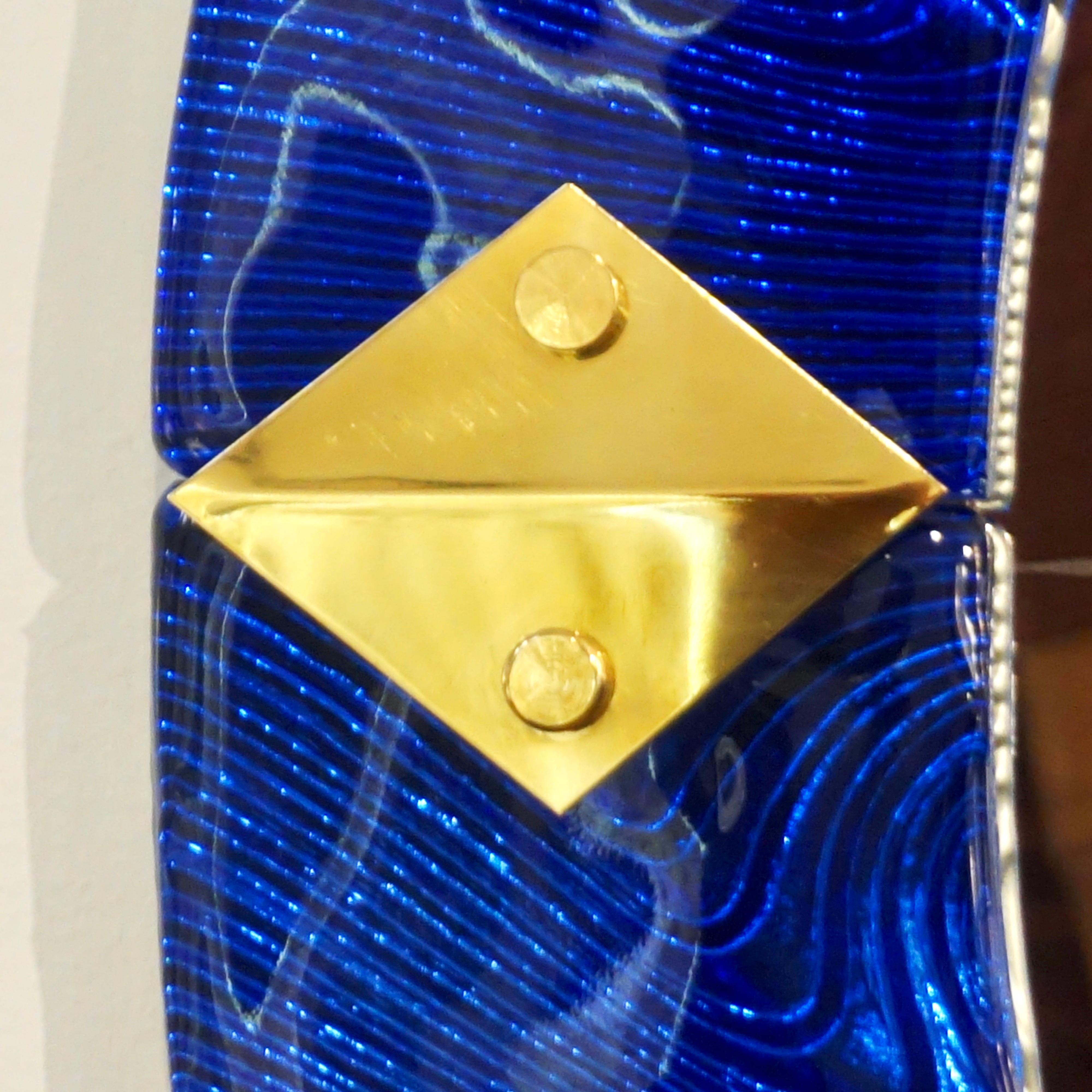 Bespoke Italian Custom Brass and Textured Cobalt Blue Murano Glass Round Mirror For Sale 3