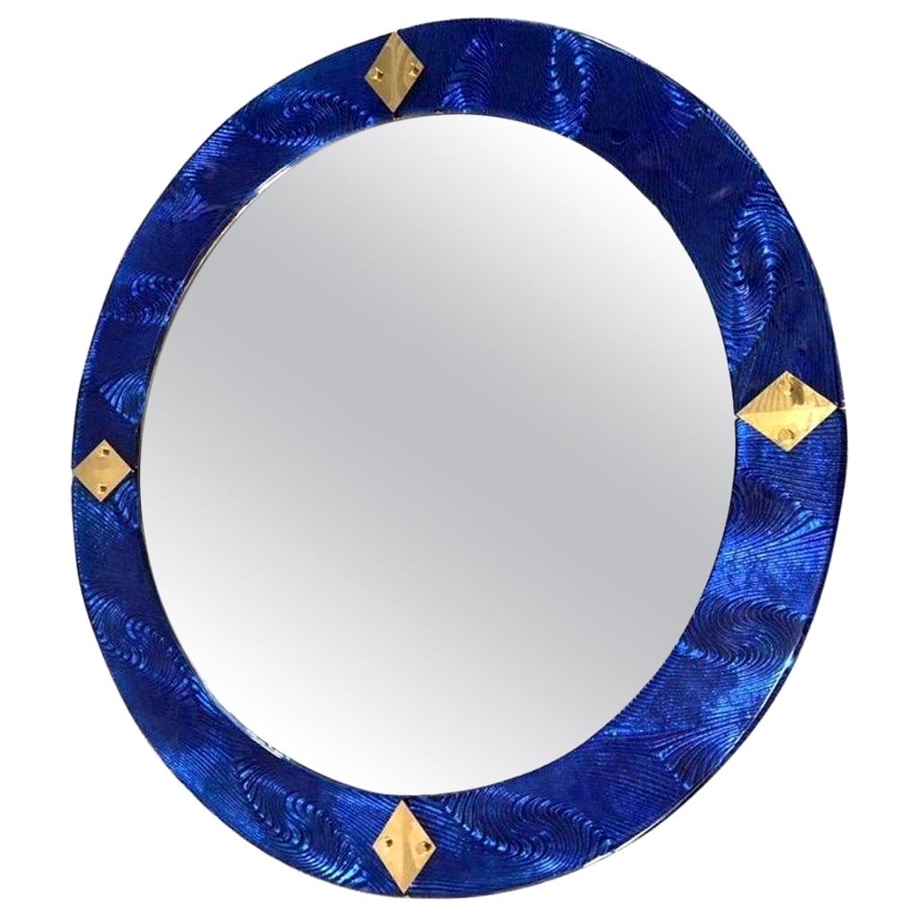 Bespoke Italian Custom Brass and Textured Cobalt Blue Murano Glass Round Mirror For Sale 4