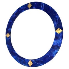 Bespoke Italian Custom Brass and Textured Cobalt Blue Murano Glass Round Mirror