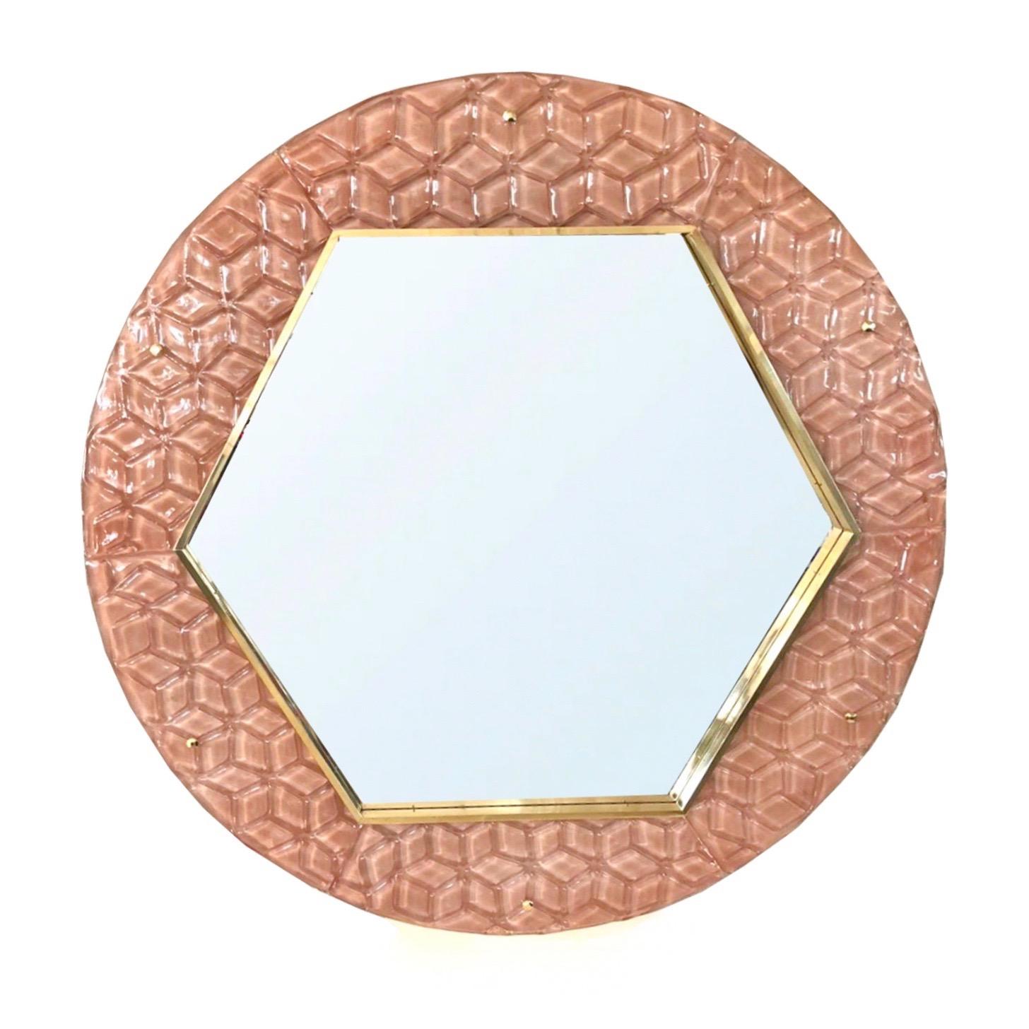 Bespoke Italian Custom Brass and Textured Pink Murano Glass Modern Round Mirror In New Condition For Sale In New York, NY