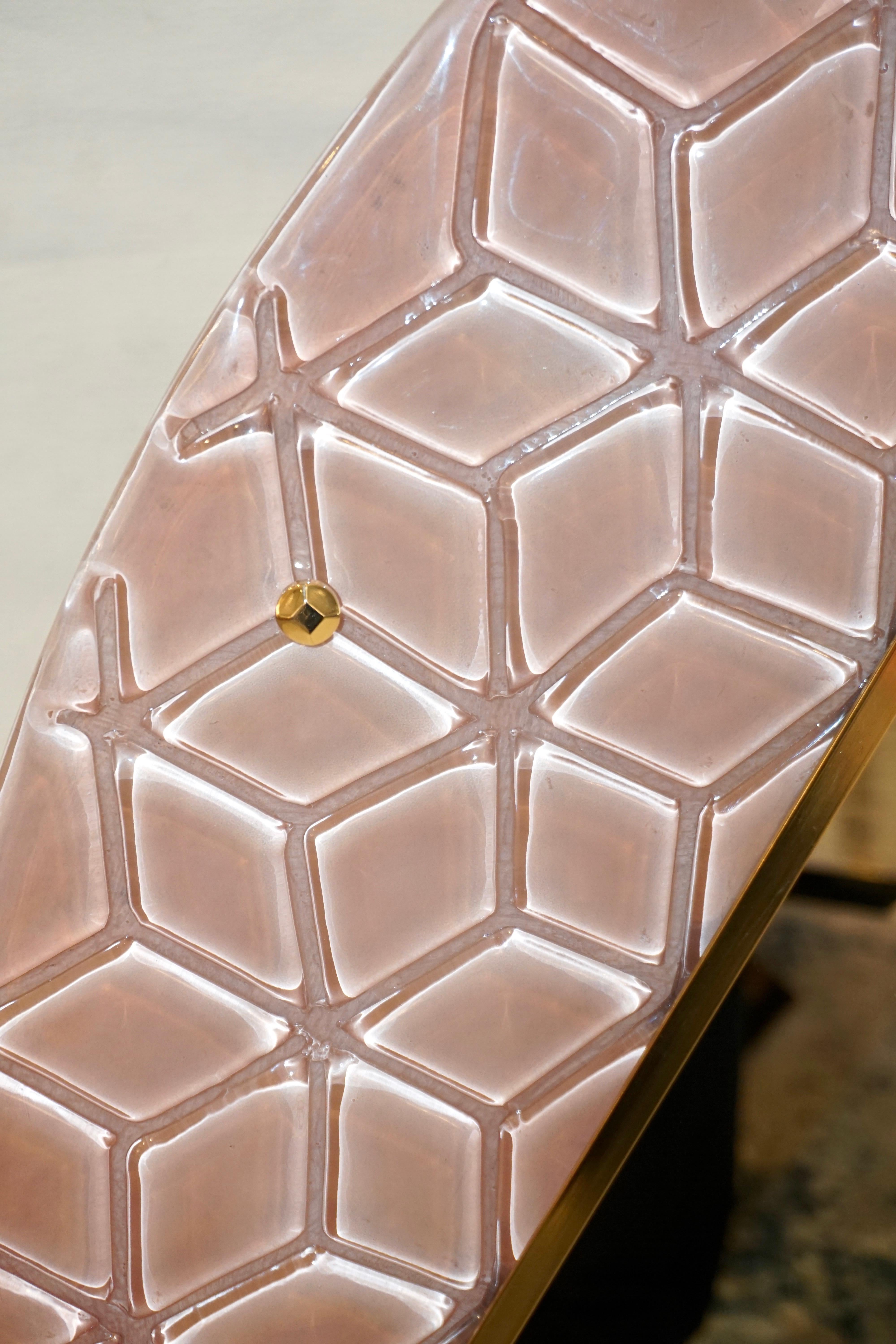 Bespoke Italian Custom Brass and Textured Pink Murano Glass Modern Round Mirror For Sale 1